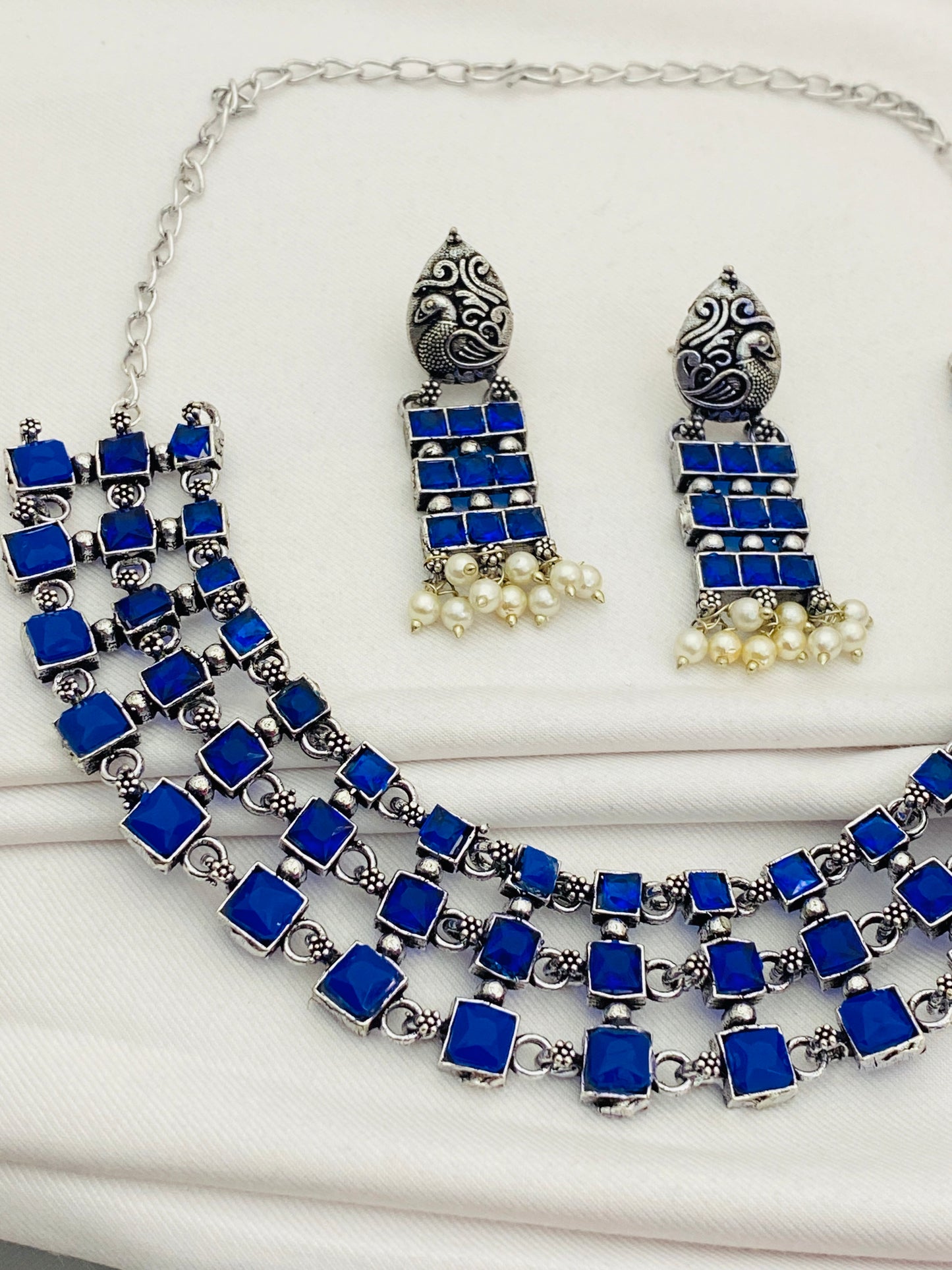 Magnificent Antique Silver Oxidized Trendy Choker Necklace With Earrings