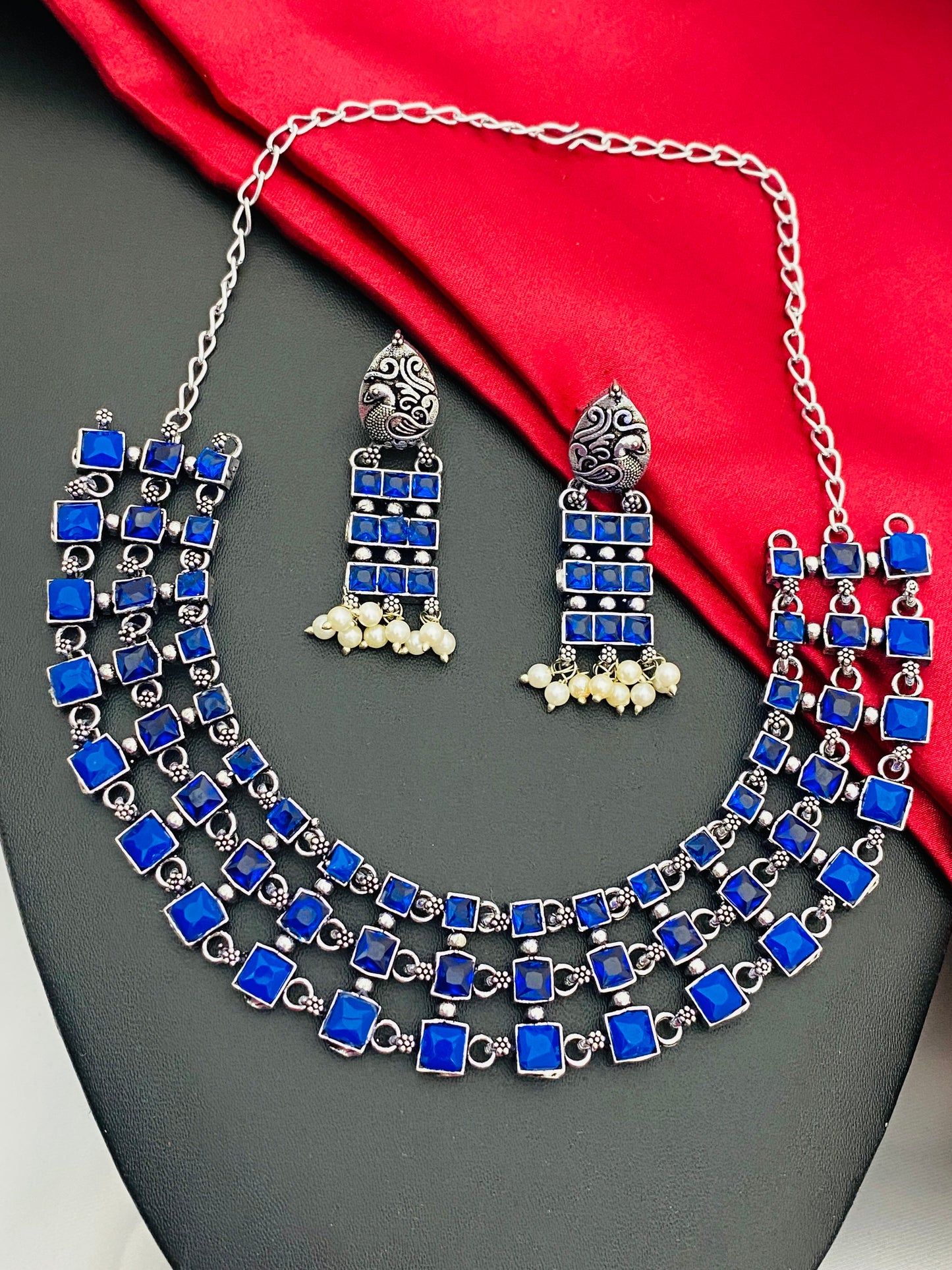 Magnificent Antique Silver Oxidized Trendy Choker Necklace With Earrings