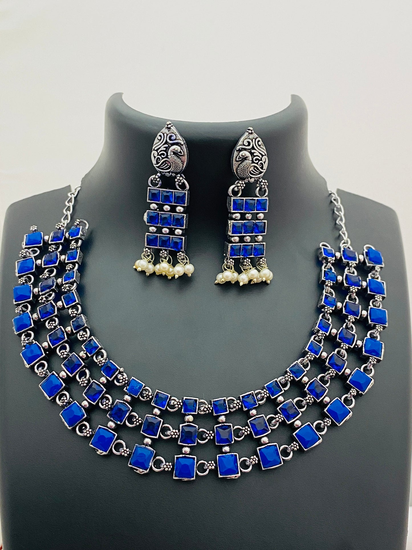 Magnificent Antique Silver Oxidized Trendy Choker Necklace With Earrings