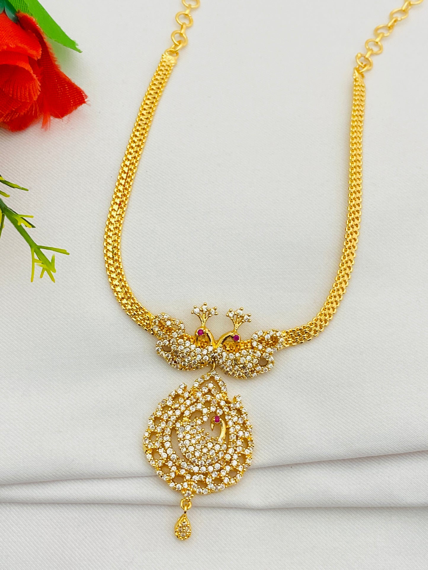 Gold Plated White Stoned Necklace With Peacock Pendant In Prescott