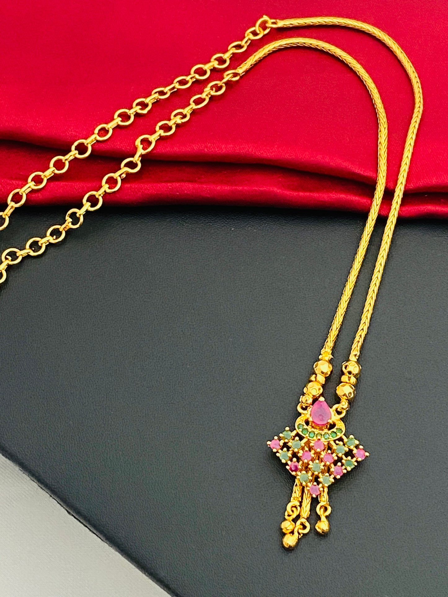 Gold Plated Ethnic Wear Long Chain With Ruby And Emerald Stones In USA