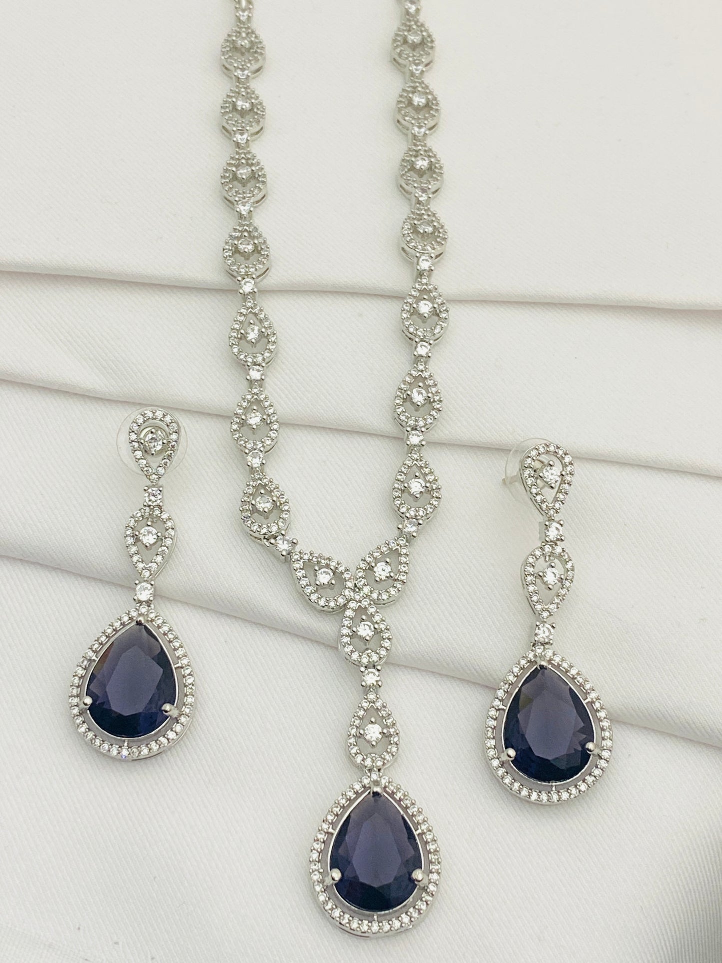 Beautiful American Diamond Blue Color Stoned Necklace With Earring Sets