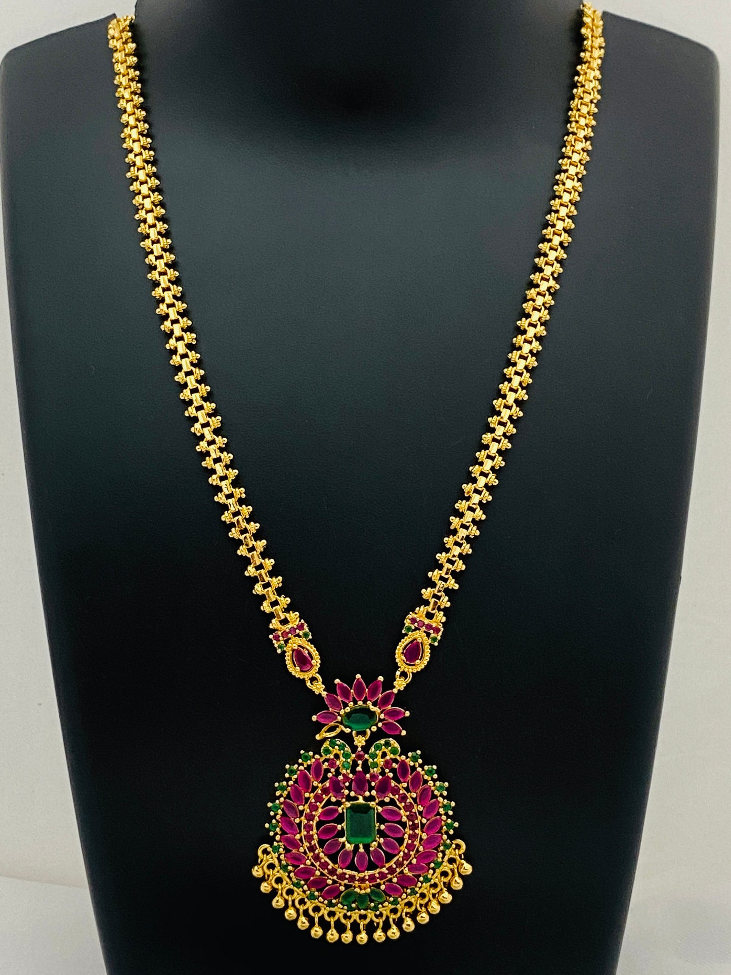 Gold Plated Premium Quality Ruby And Emerald Stone Long Chain In Paradise Valley