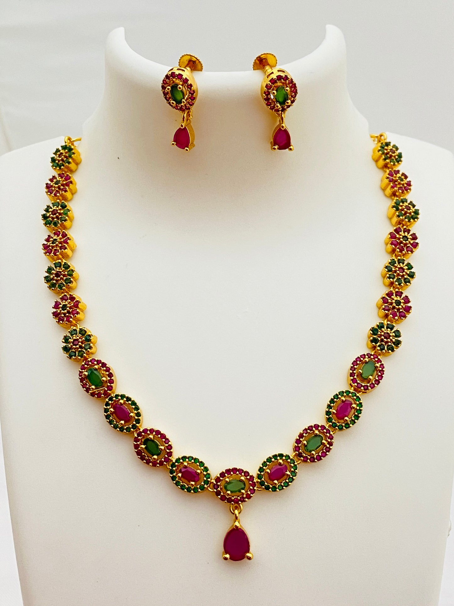 Elegant Alloy Brass Multi Color Stone Gold Plated Necklace With Earring Sets