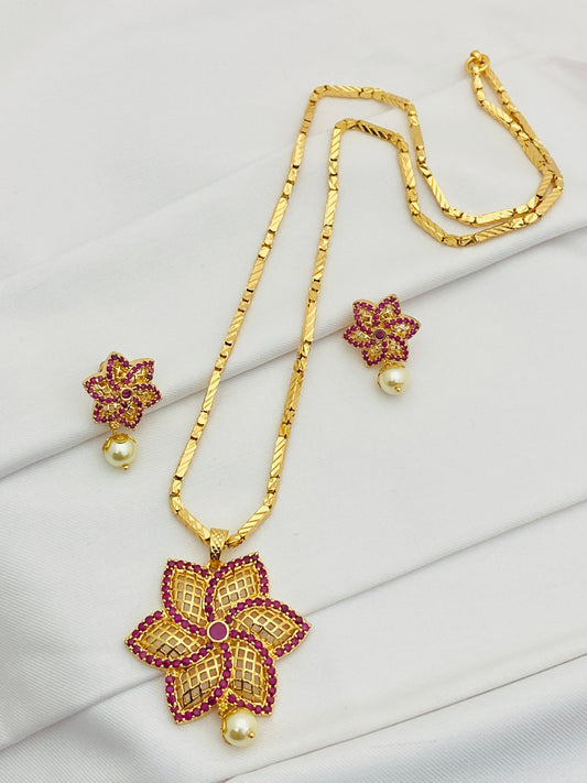 Beautiful Ruby Color Stoned Gold Plated Necklace With Earring Sets