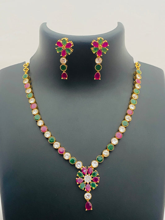 Elegant Multi Color Stoned Gold Plated Necklace With Earring Sets