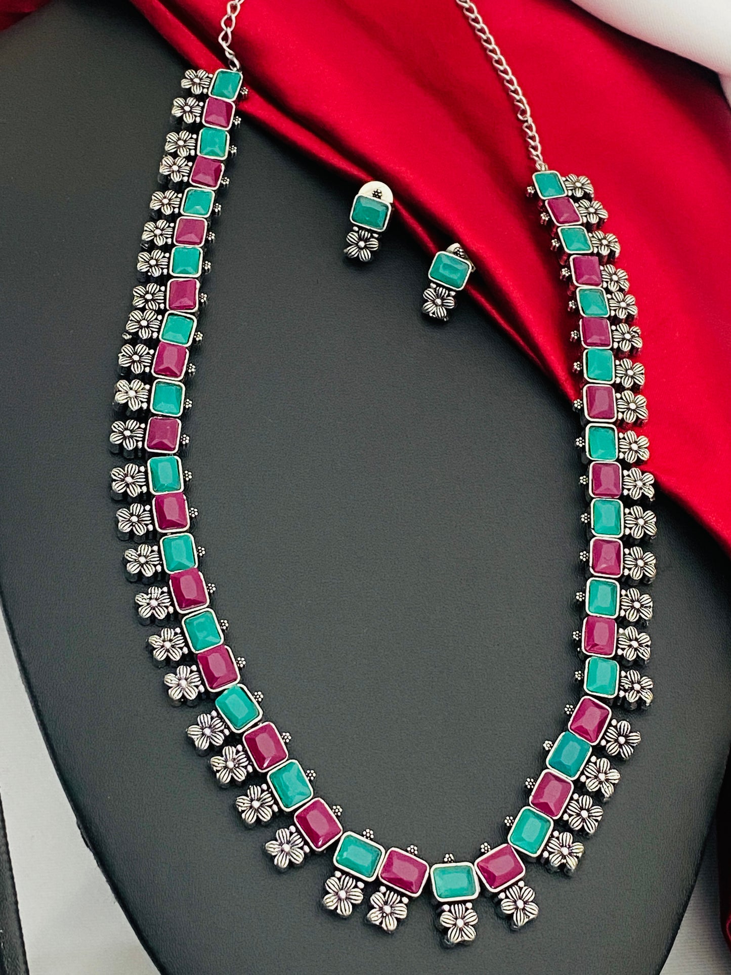 Classic Multicolor stone Studded Silver Toned Designer Oxidized Necklace Set With Earrings