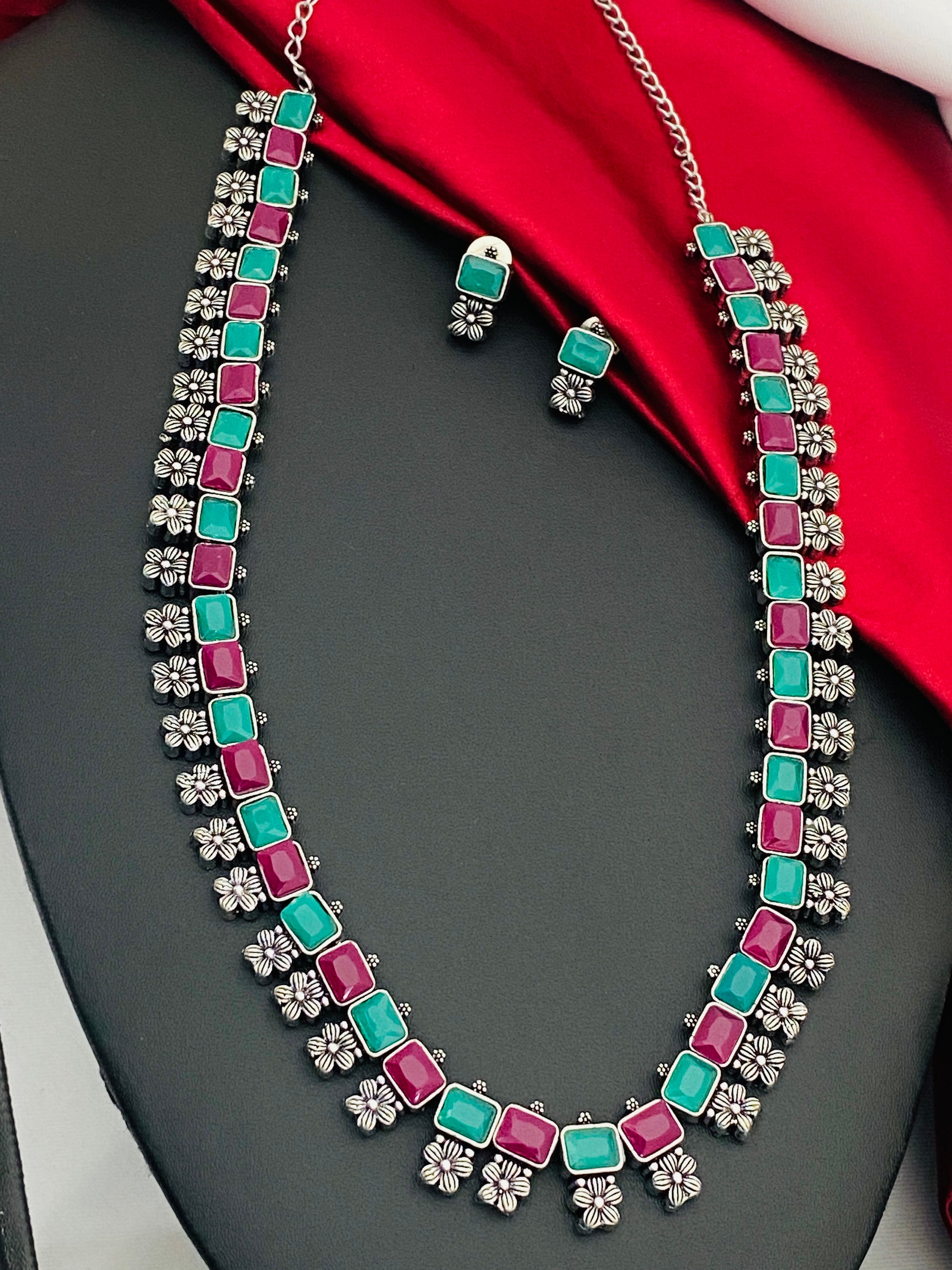Classic Multicolor stone Studded Silver Toned Designer Oxidized Necklace Set With Earrings