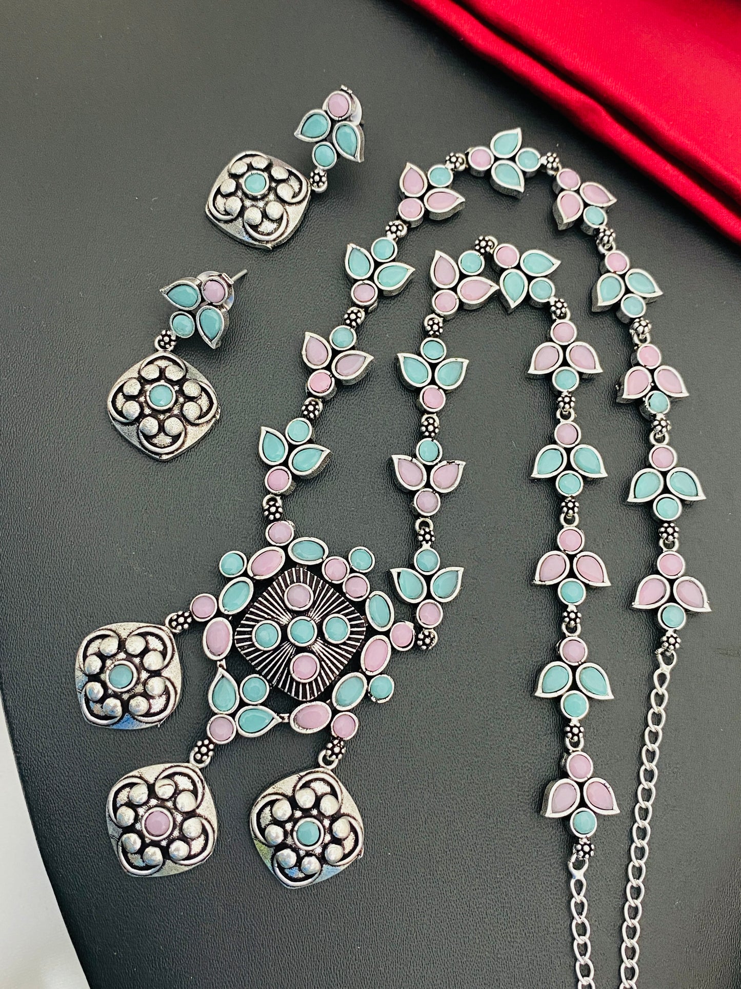 Trendy Multi Stone Beaded Floral Designed German Silver Plated Oxidized Necklace Set With Earrings