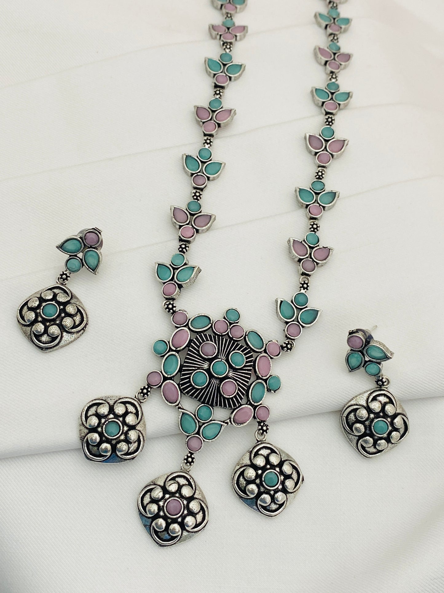 Multi Stone Beaded Floral Designed German Silver Plated Oxidized Necklace Set With Earrings Near Me