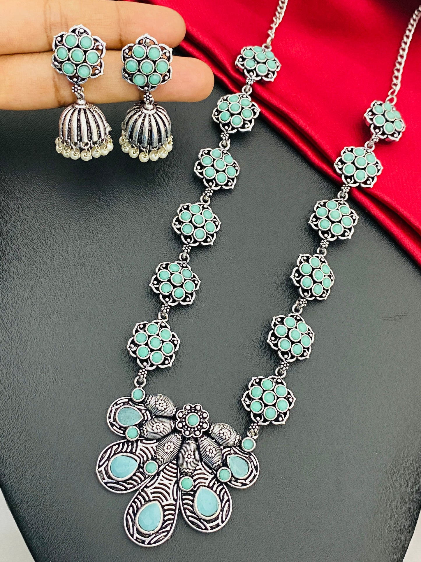 Pastel Green Stone Beaded Floral Designed Silver Toned Oxidized Necklace With Jhumka Earrings Near Me