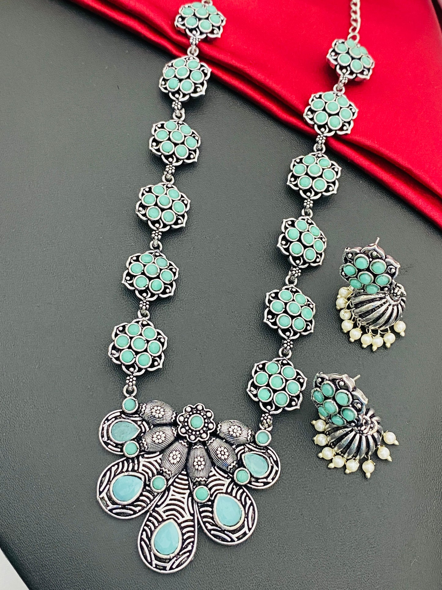 Classic Pastel Green Stone Beaded Floral Designed Silver Toned Oxidized Necklace With Jhumka Earrings