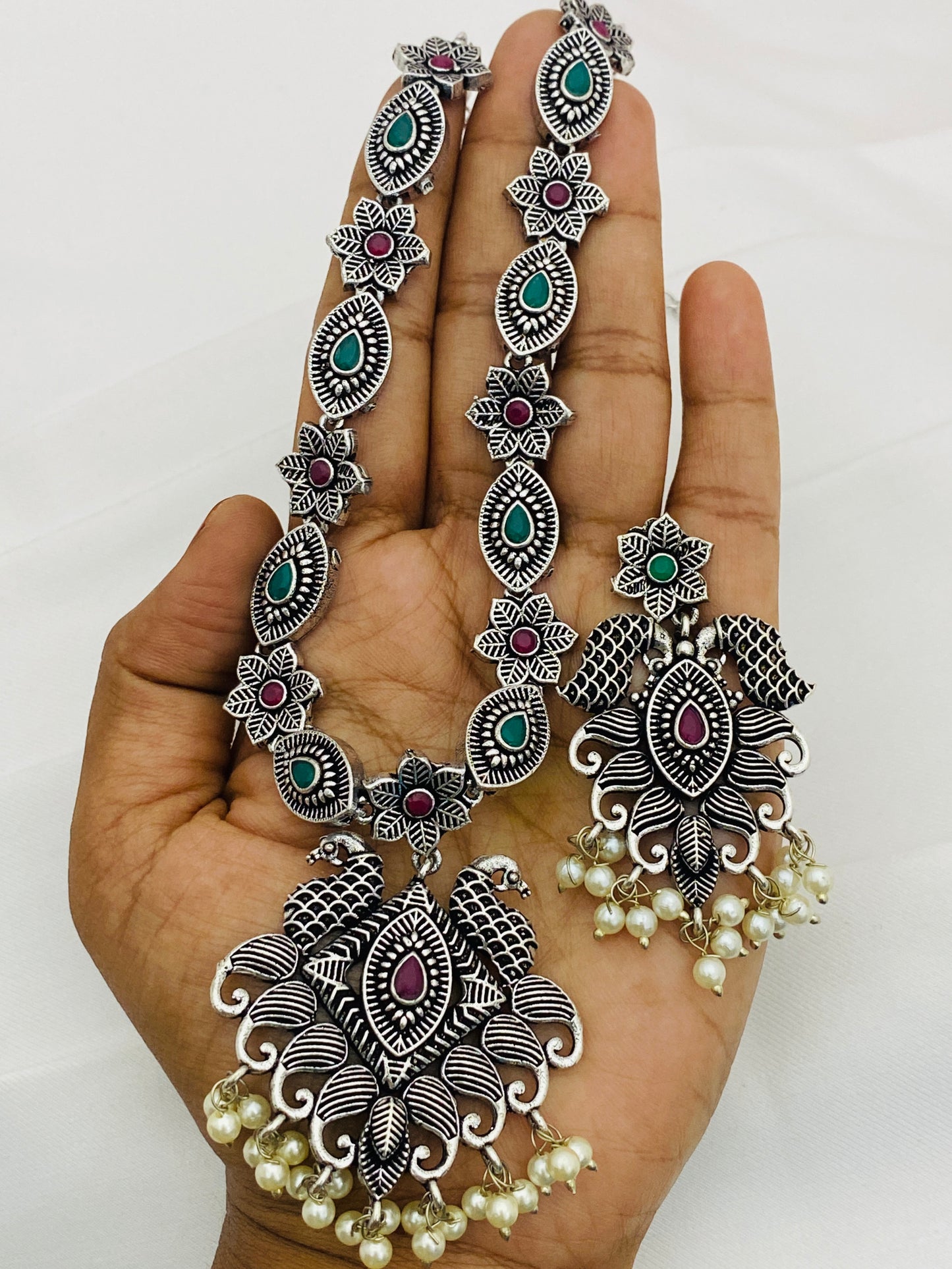 Peacock Floral Designed Silver Toned Oxidized Necklace With Earrings Near Me
