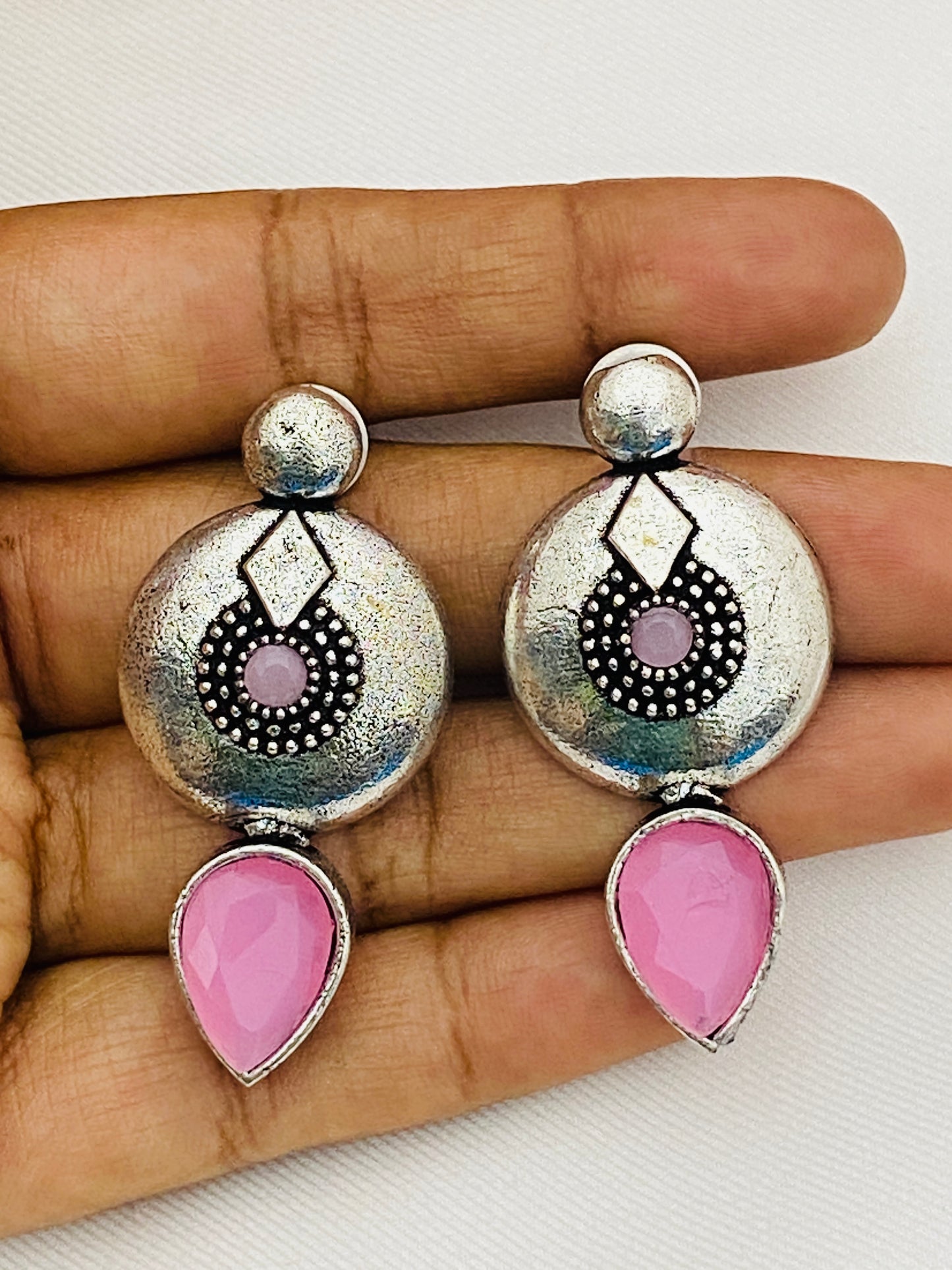 Pink Stone Studded Designer German Silver Plated Designer Dangle Earrings Near Me