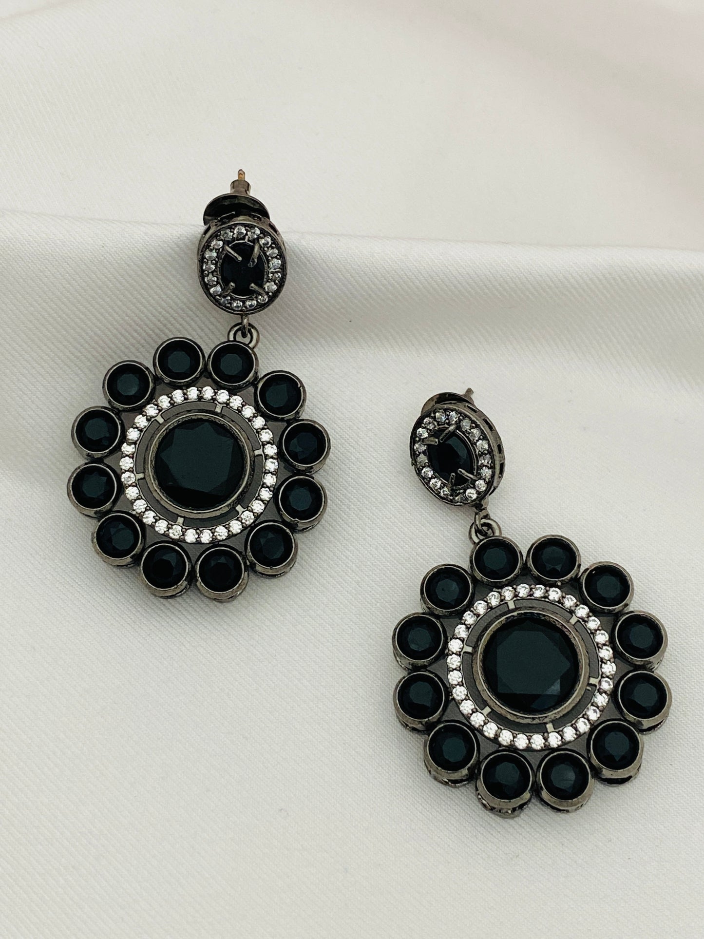 Pretty Black Round Stone Beaded Floral Designed Silver Plated Oxidized Dangler Earrings