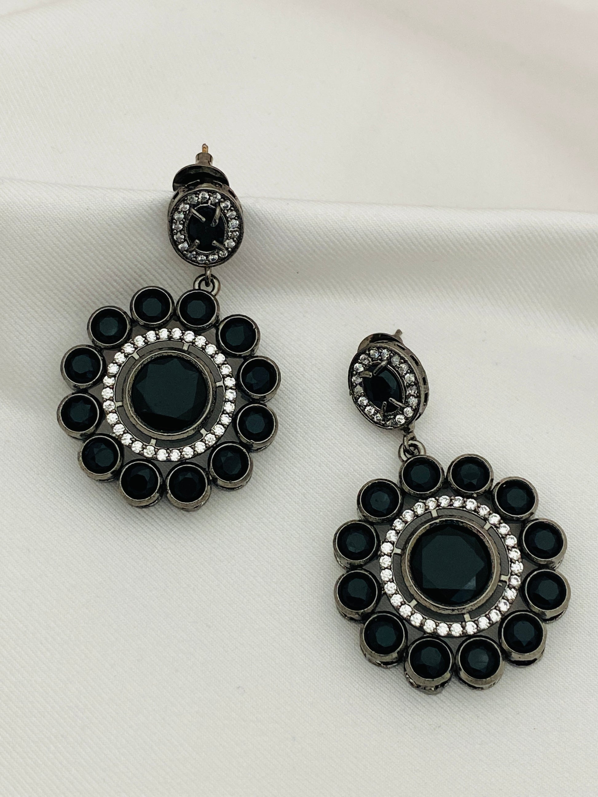 Pretty Black Round Stone Beaded Floral Designed Silver Plated Oxidized Dangler Earrings