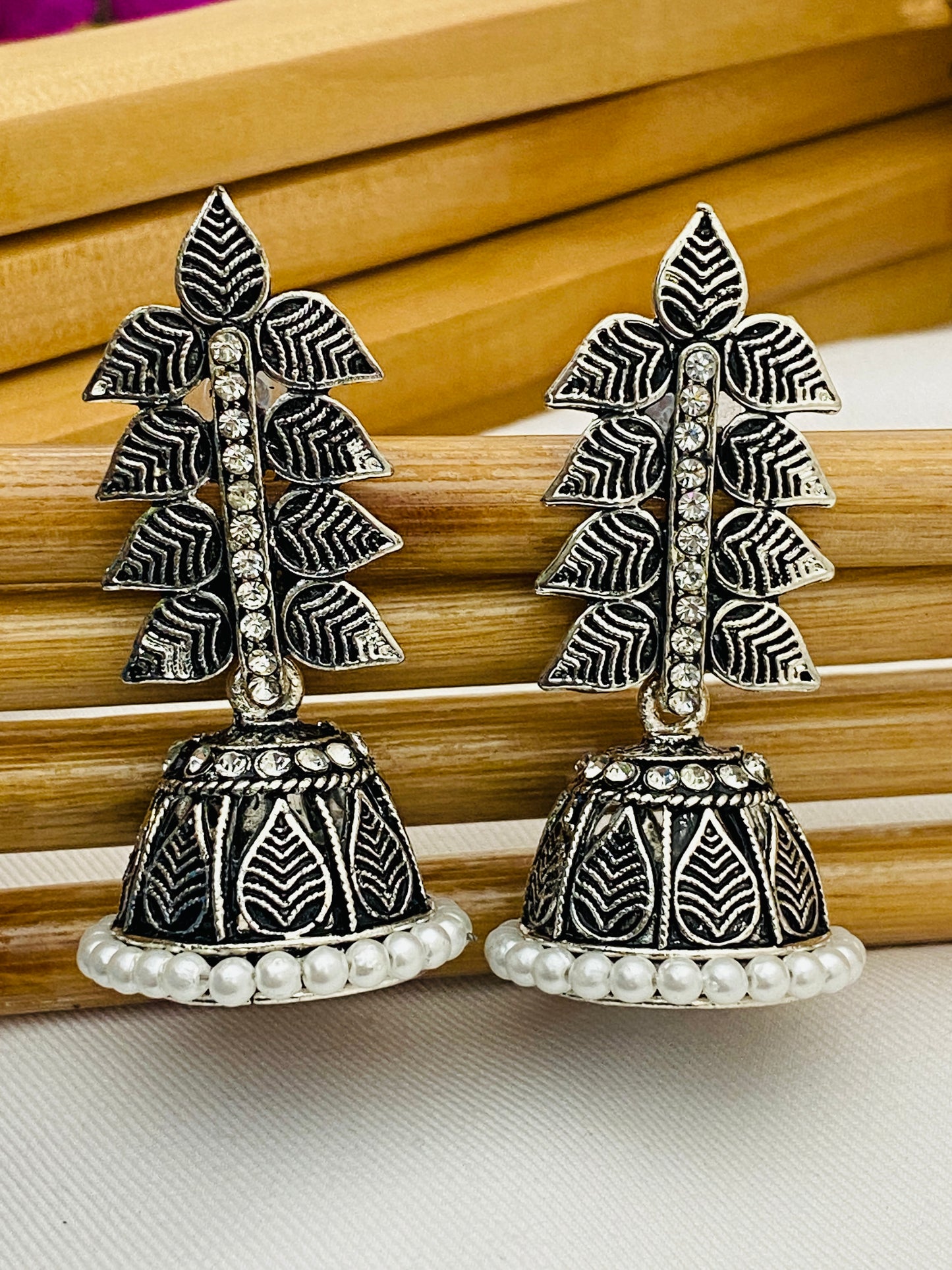 Traditional Leaf Designed German Silver Plated Oxidized Earrings With Pearl Beads in USA