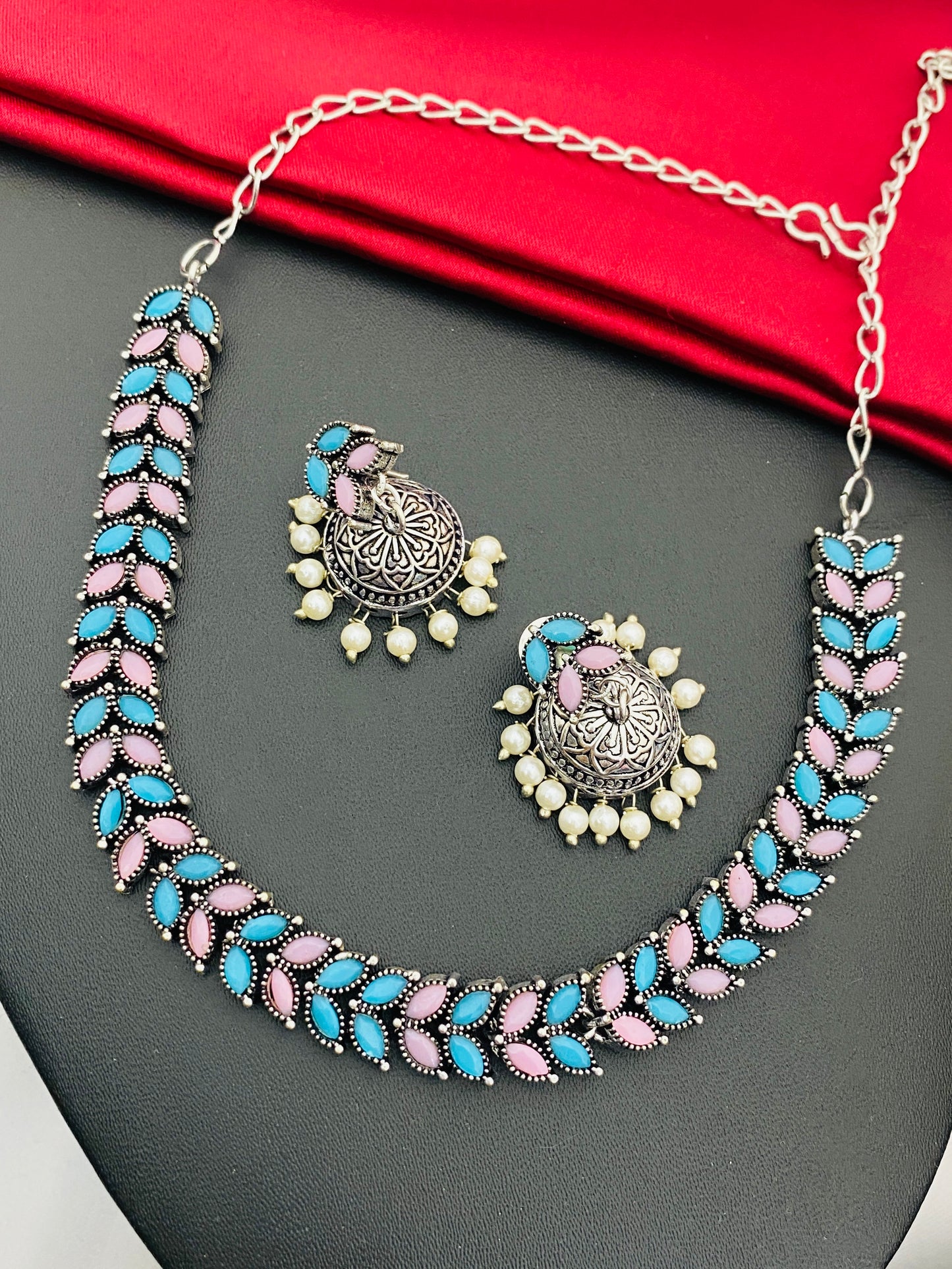 Stunning Muticolor Leaf Designed German Silver Plated Oxidized Choker Set With Jhumkas