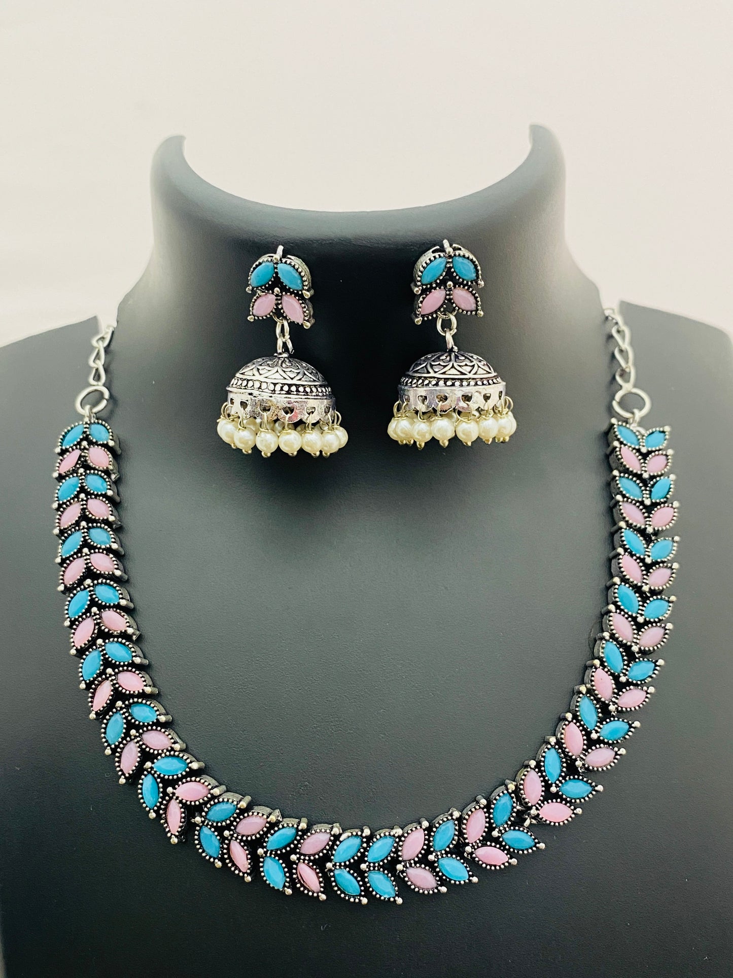German Silver Plated Oxidized Choker Set With Jhumkas in Suncity