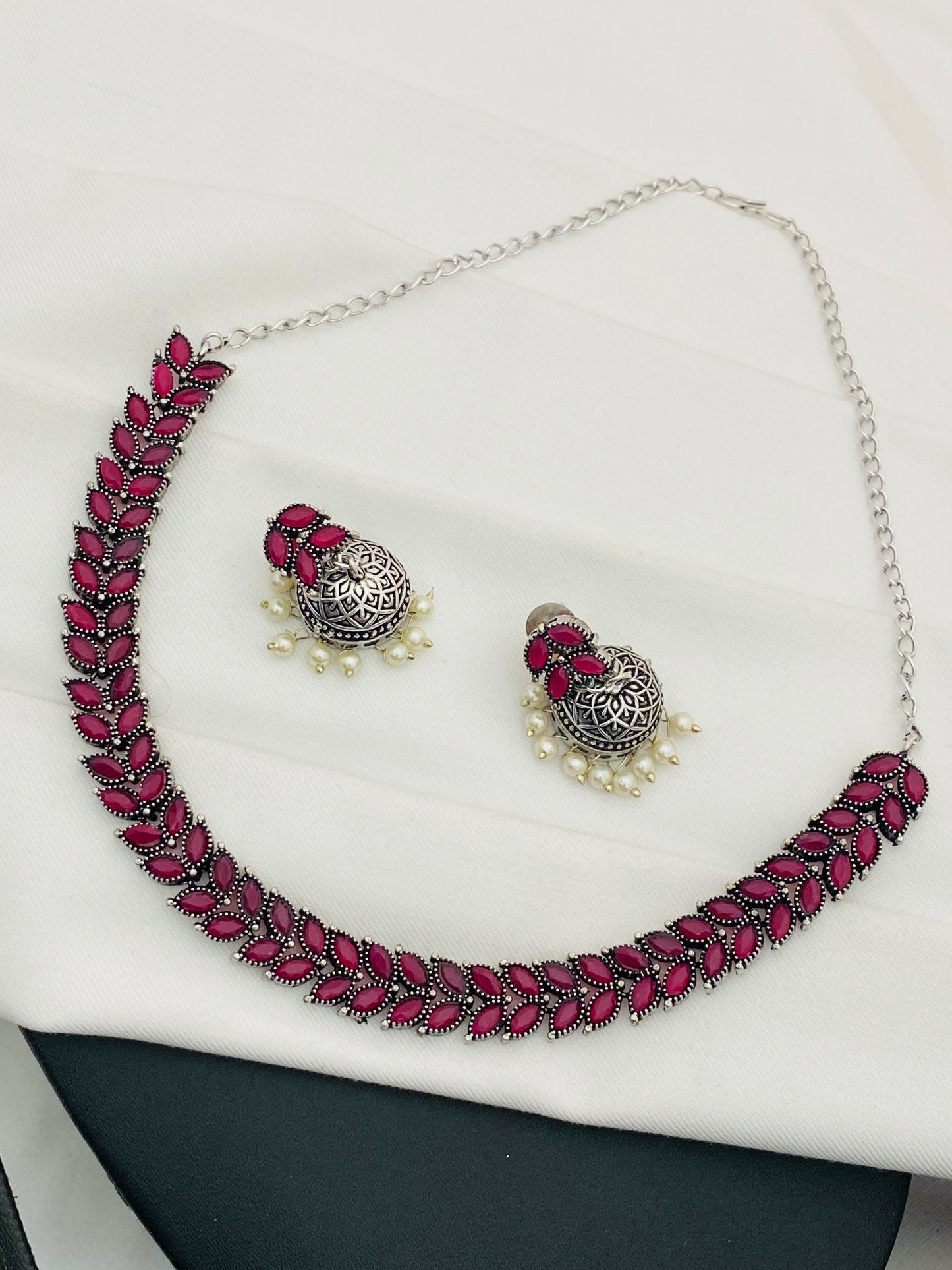 Ruby Stone Beaded Leaf Designed Silver Oxidized Necklace Set Near Me