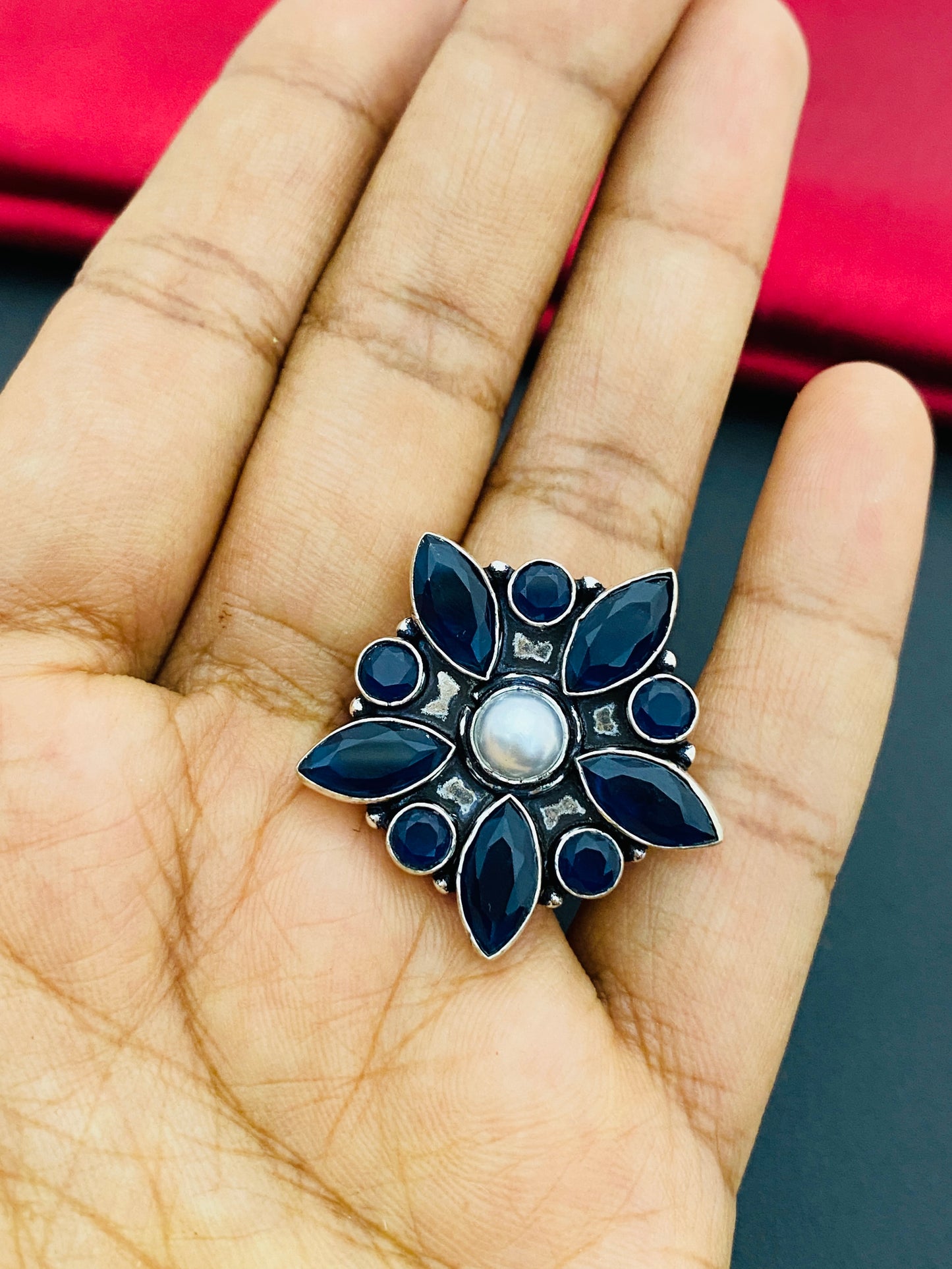 Black Stone Studded Floral Designed Adjustable Rings Near Me