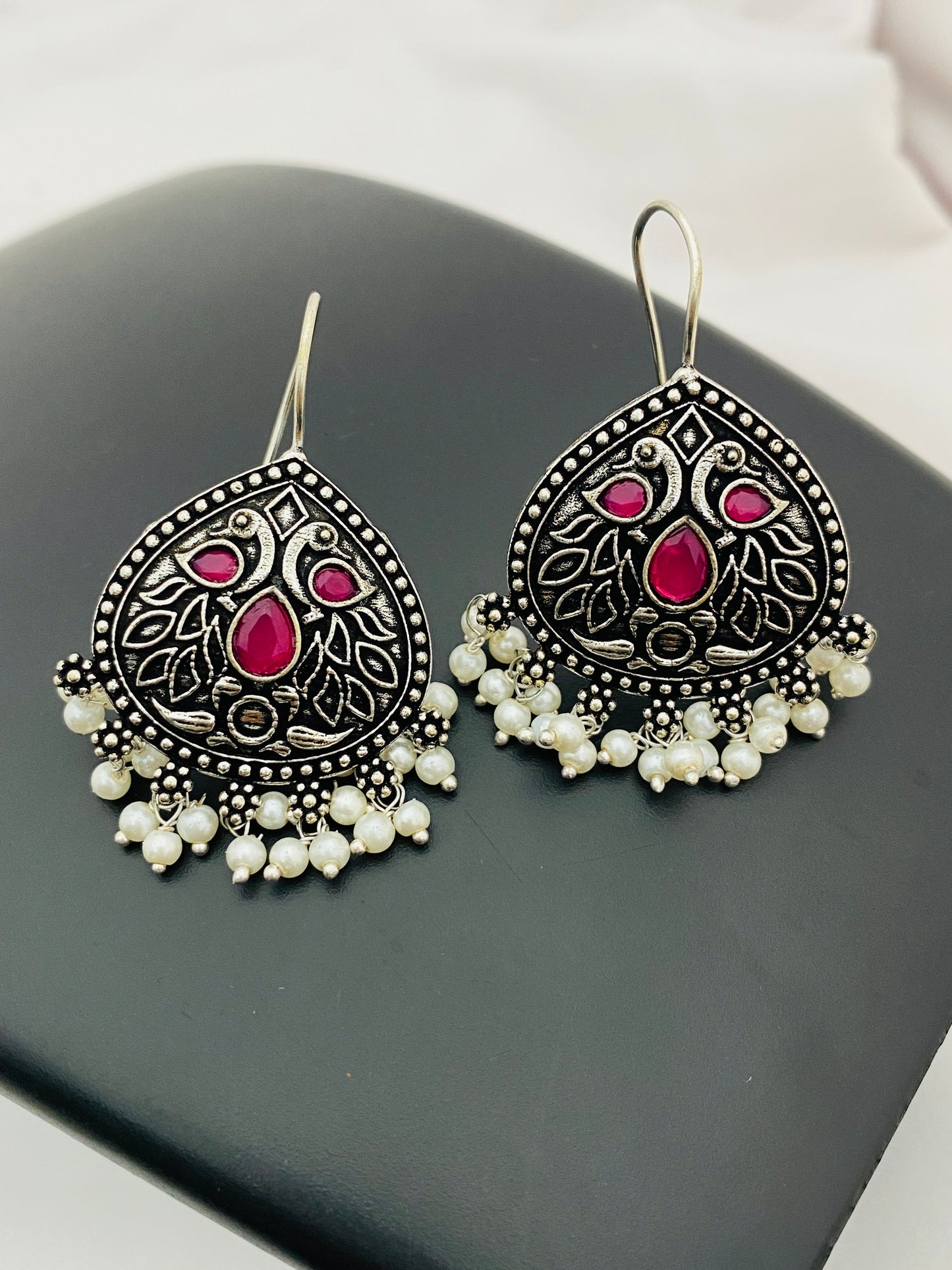 Oxidized Dangler Earrings With Ruby Stones in Skull Valley