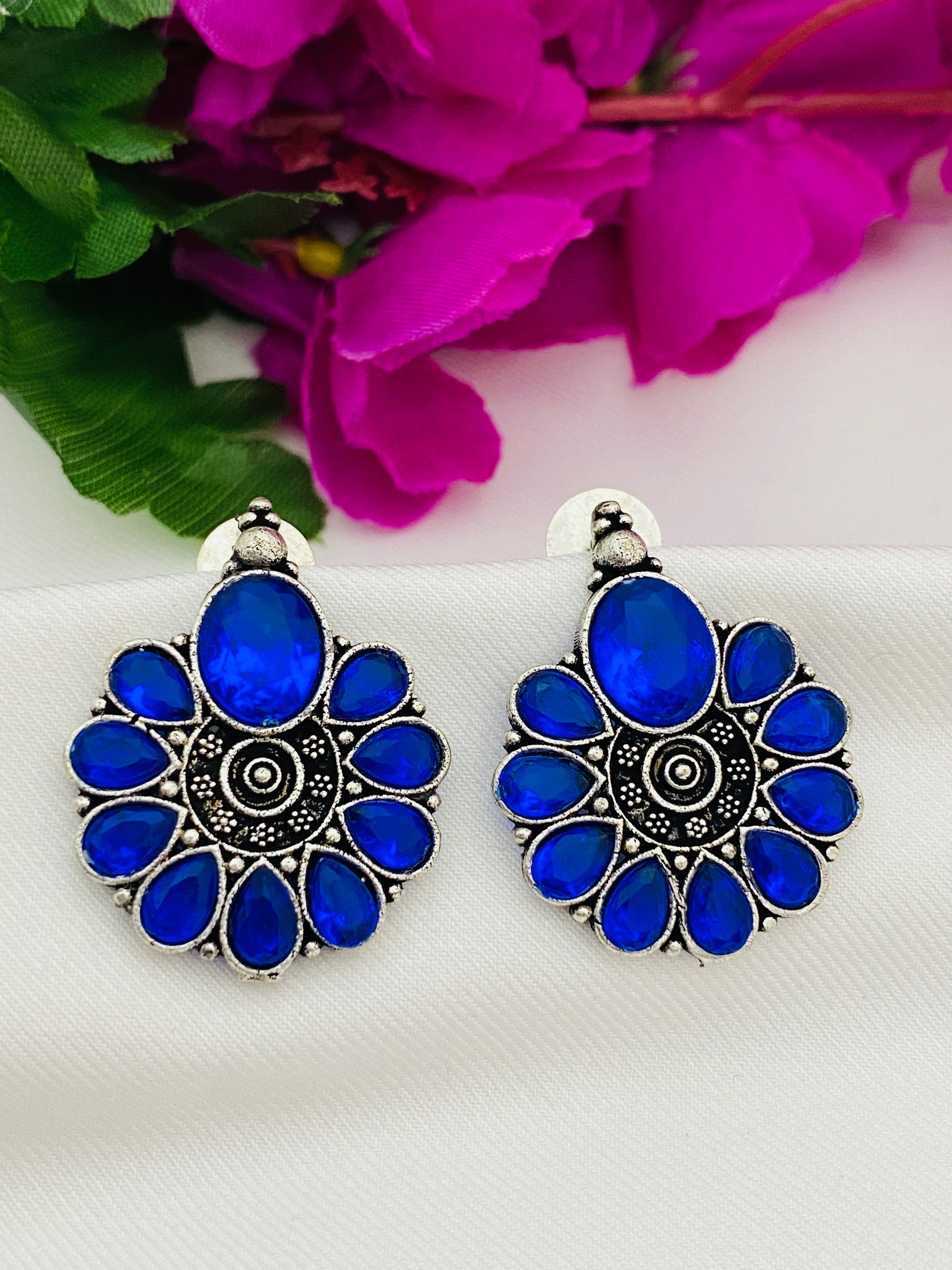 German Silver Toned Oxidized Stud Earrings For Women In Tucson