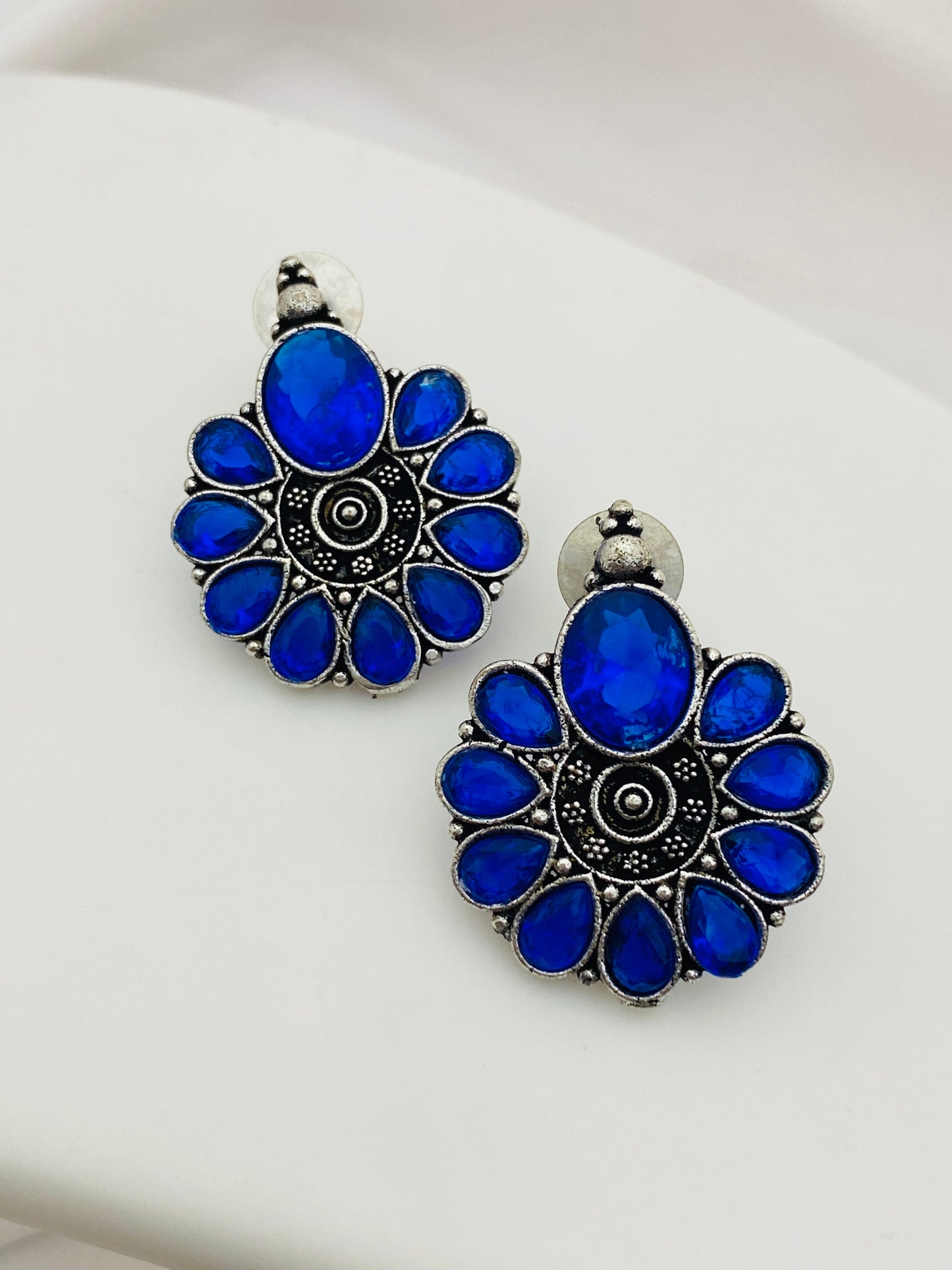 Blue Stone Beaded German Silver Toned Oxidized Stud Earrings Near Me