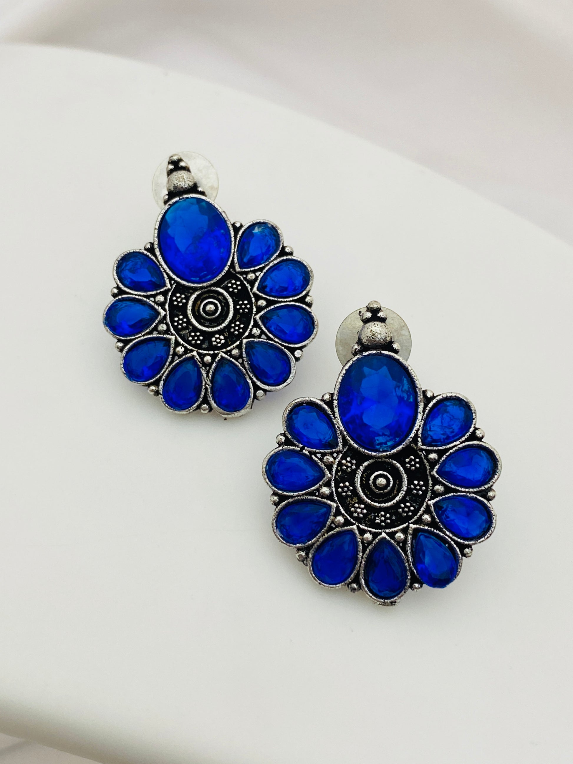 Blue Stone Beaded German Silver Toned Oxidized Stud Earrings Near Me