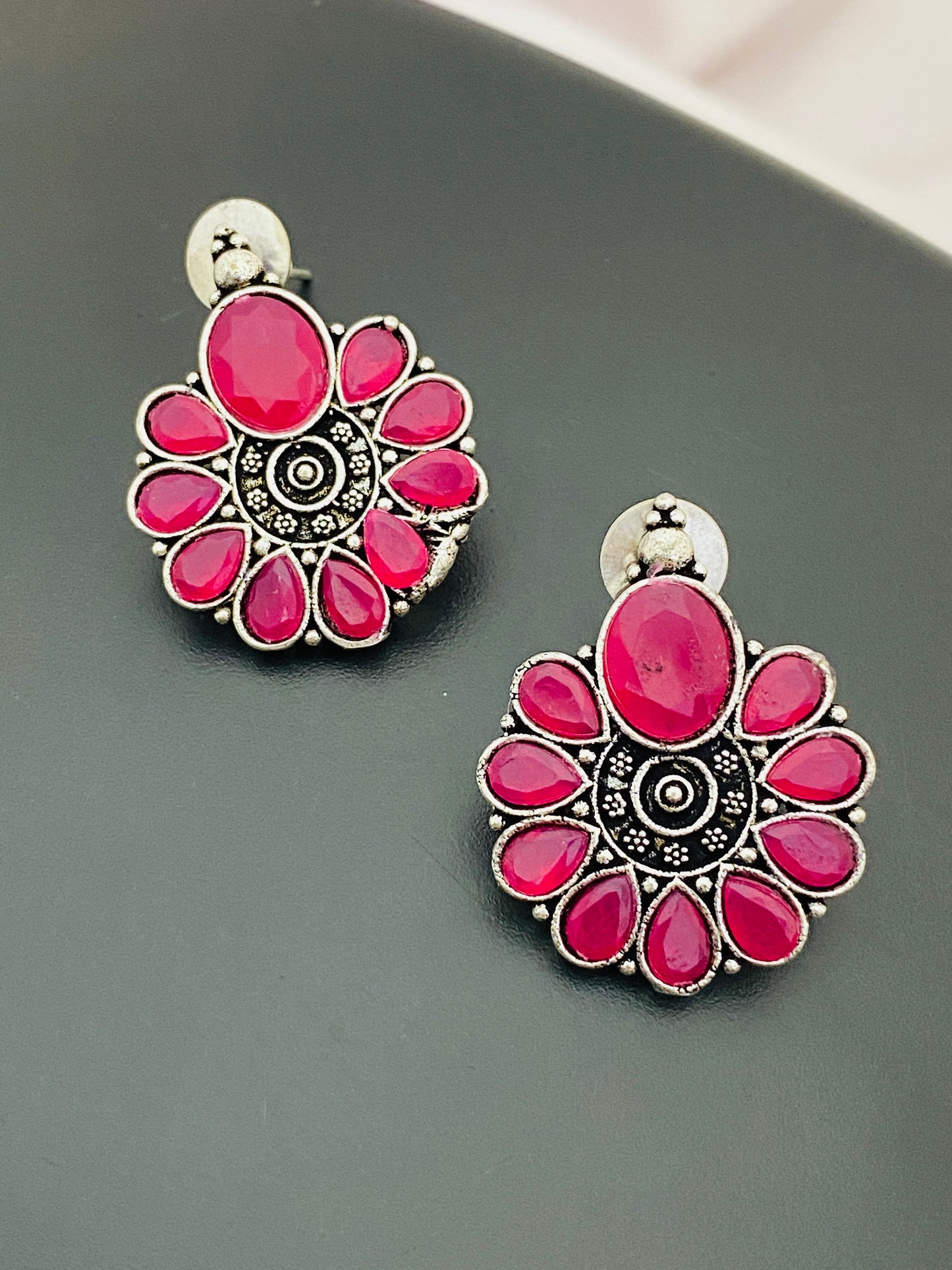 Flower Designed Silver Plated Oxidized Earrings in Yuma