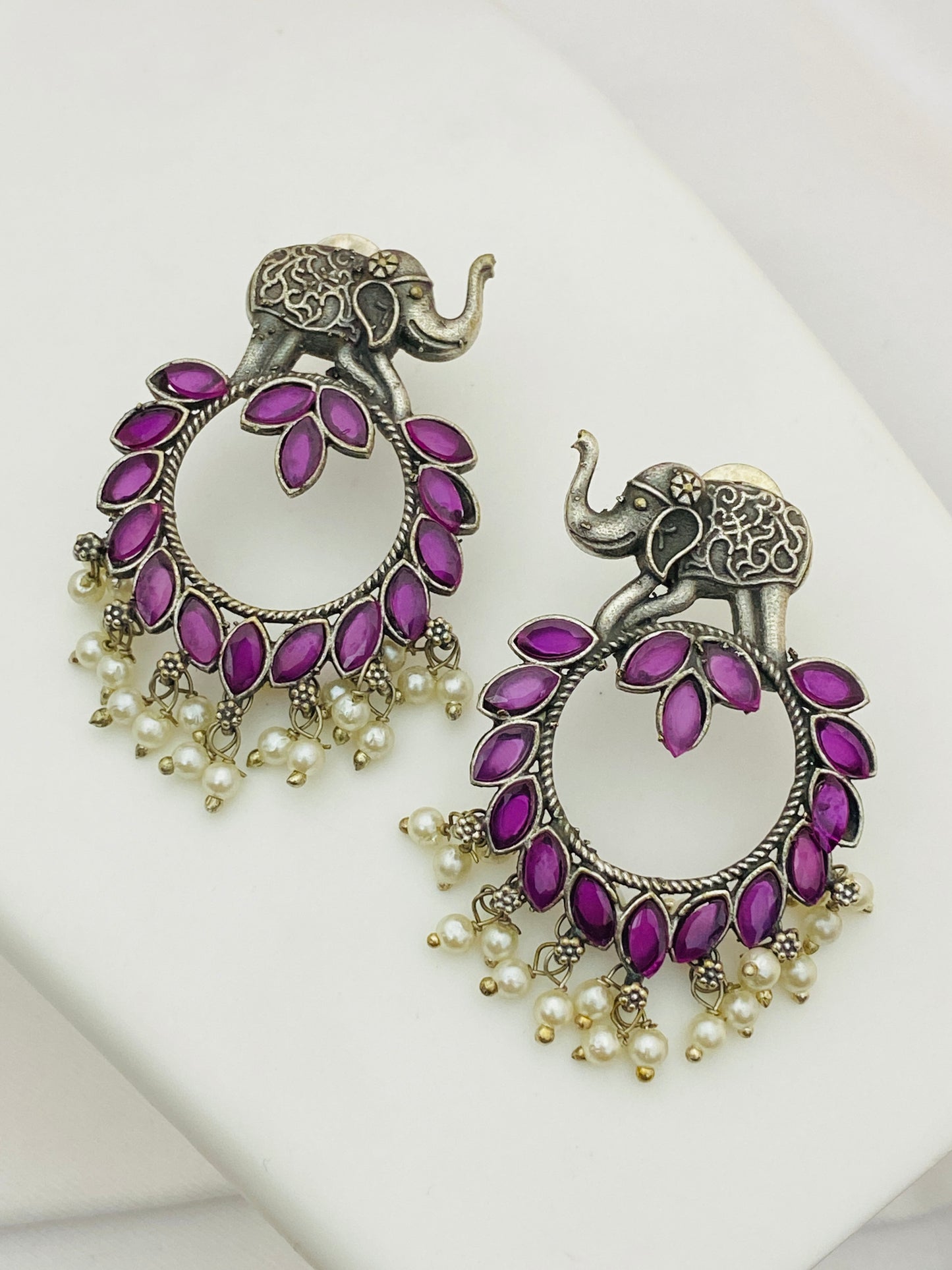 Gorgeous Handmade Elephant Design Stud Earrings With Ruby Stone And Pearl Beads