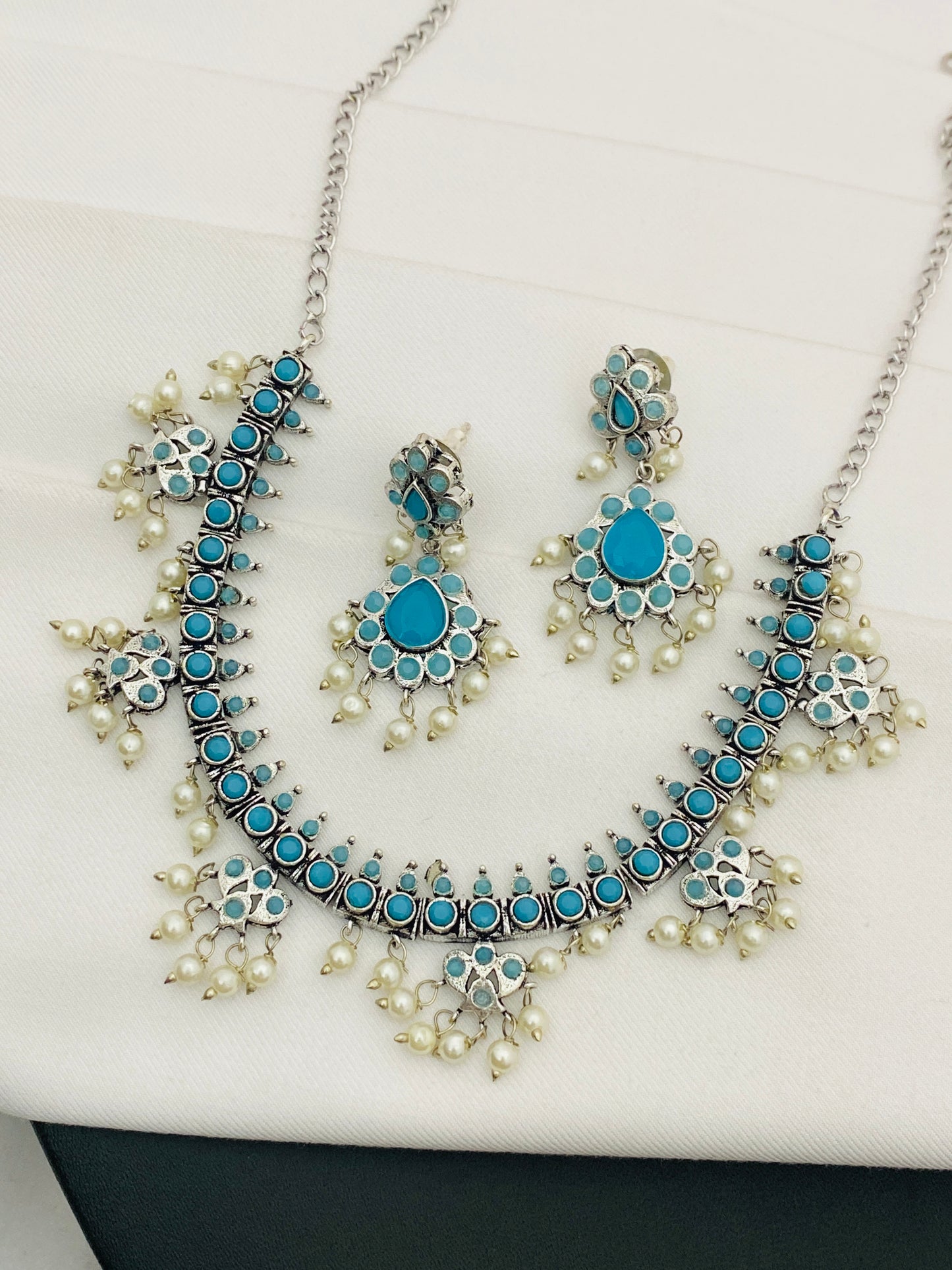 Turquoise Blue Floral Designed Silver Toned Oxidized Short Necklace in USA