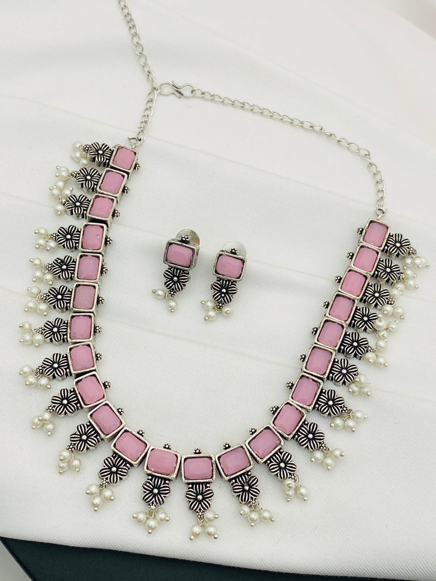 Floral Designed Silver Plated Oxidized Necklace Set With Earrings in Tempe