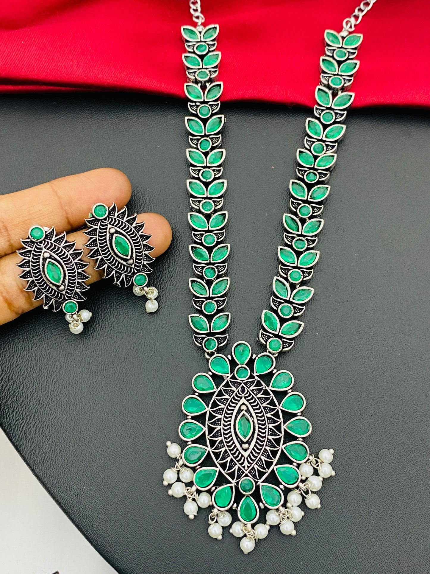 Emerald Stone Studded Tribal Ethnic Oxidized Silver Necklace With Earrings Near Me