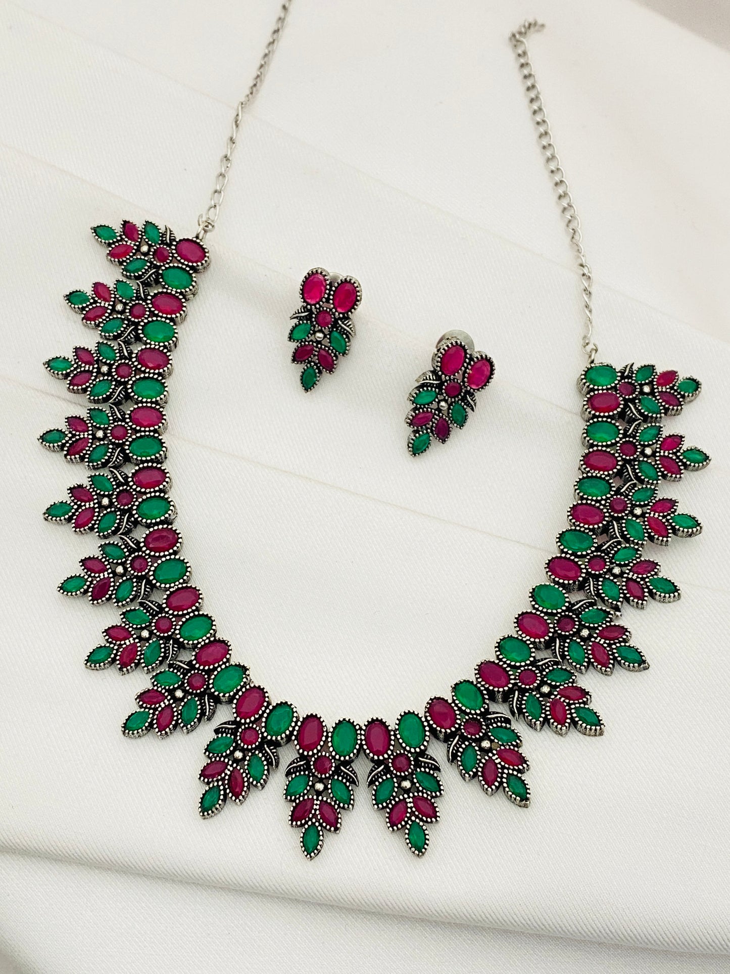 Trendy Multicolor Stone Studded German Silver Plated Antique Finish Oxidized Necklace Set With Earrings