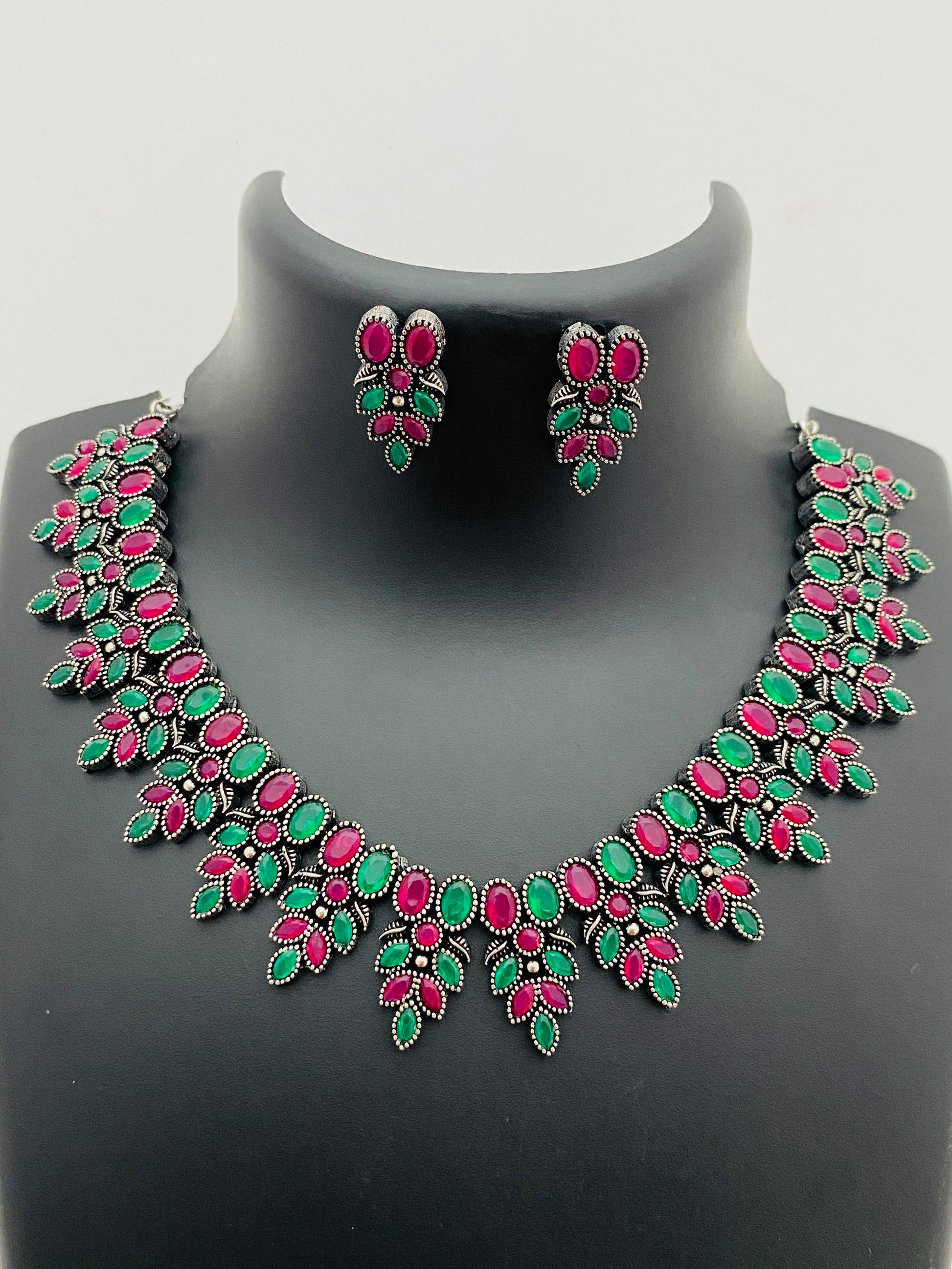 Silver Plated Antique Finish Oxidized Necklace Set With Earrings Near Me