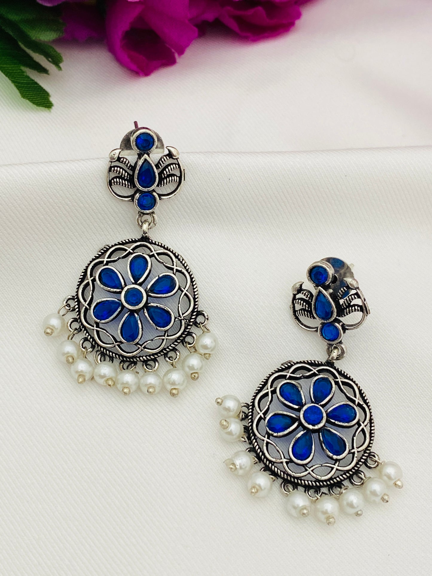 Oxidized Floral Pearl Drops Chandbali Earrings in Scottsdale