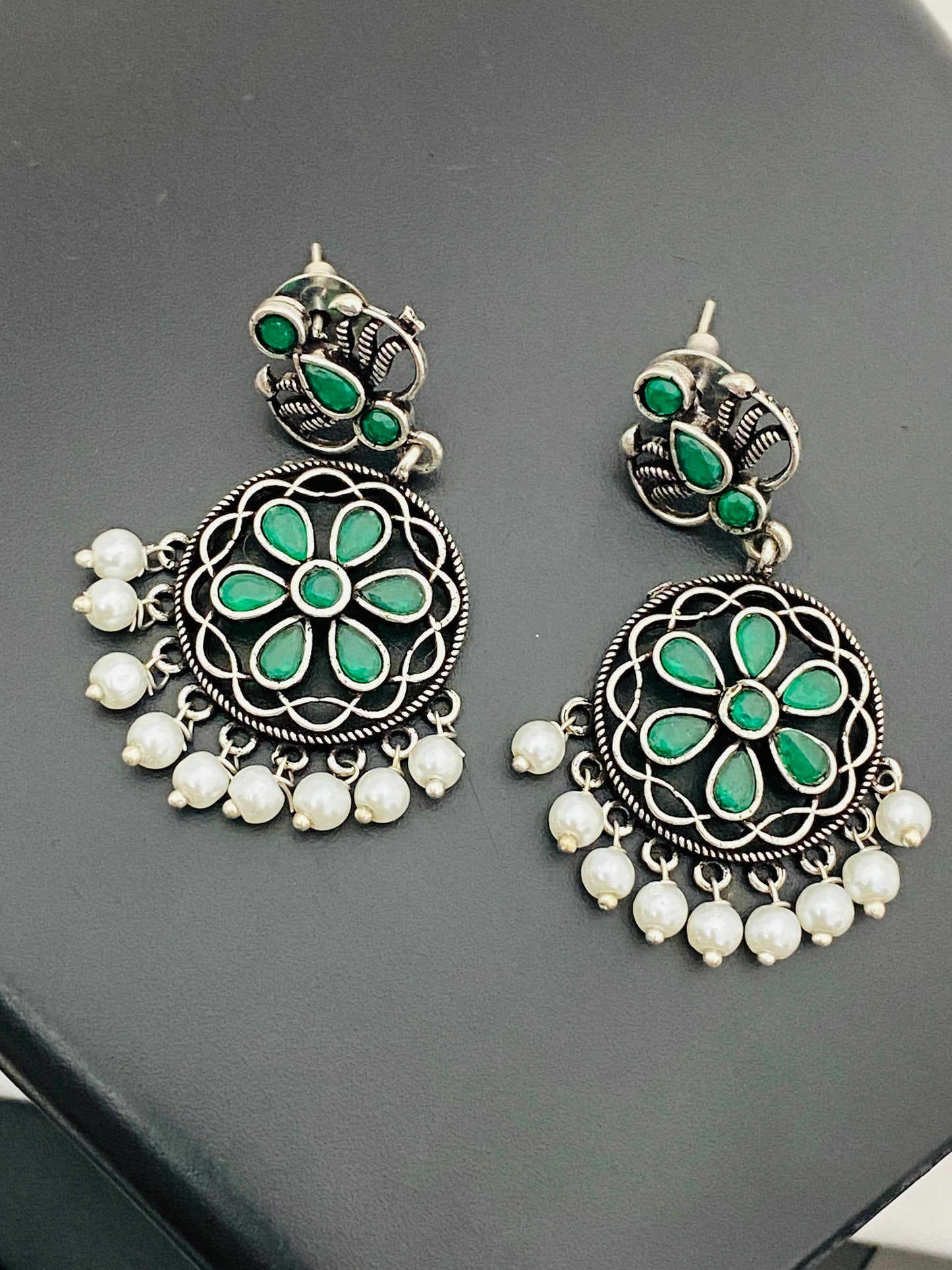 Silver Toned Oxidized Earrings With Pearl Drops in USA