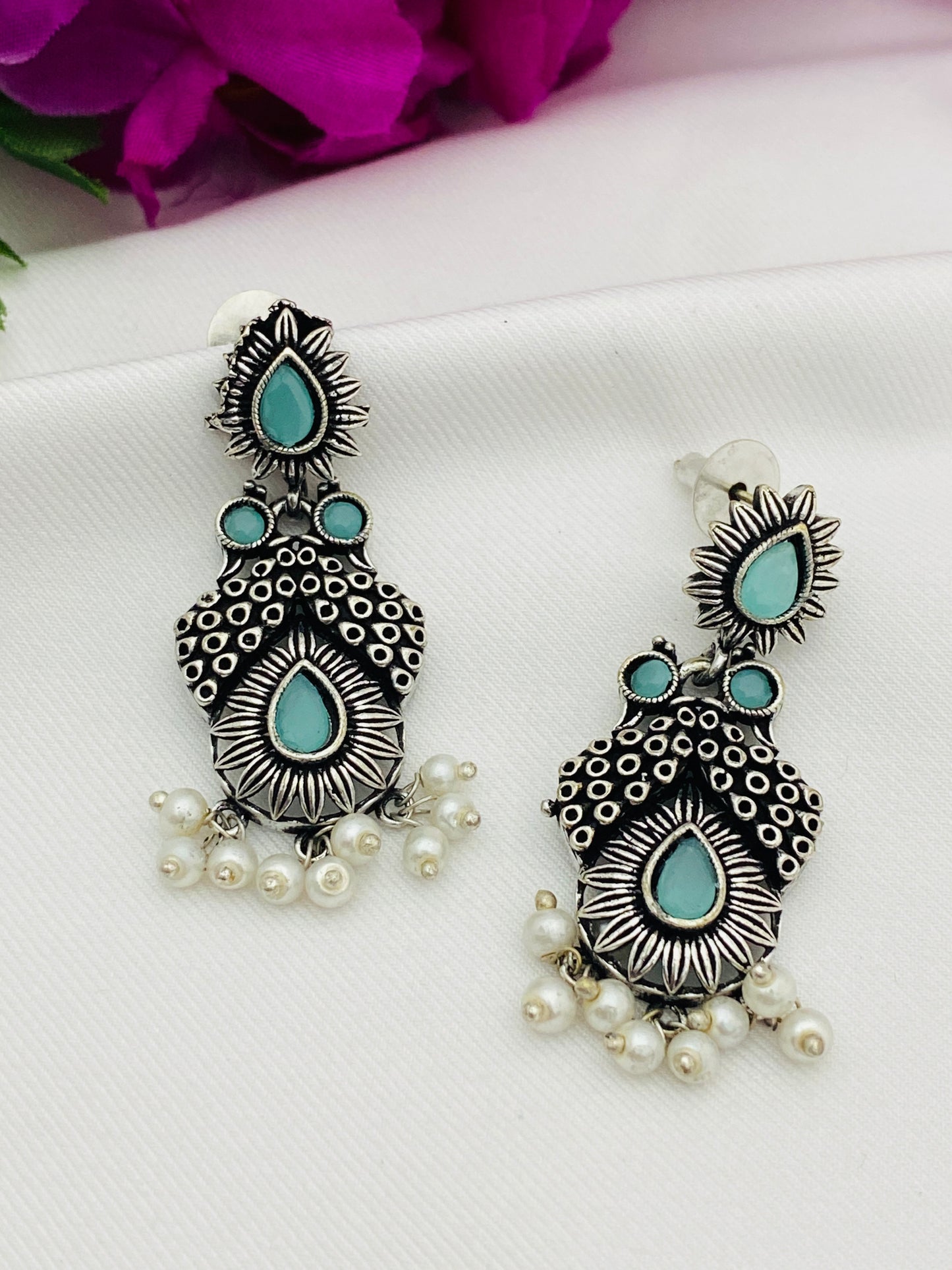 Floral Designed Silver Toned Oxidized Earrings Near Me