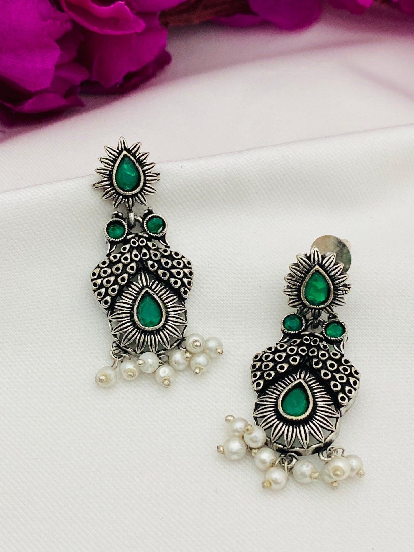 Emerald Stone Beaded German Silver Plated Earrings Near Me