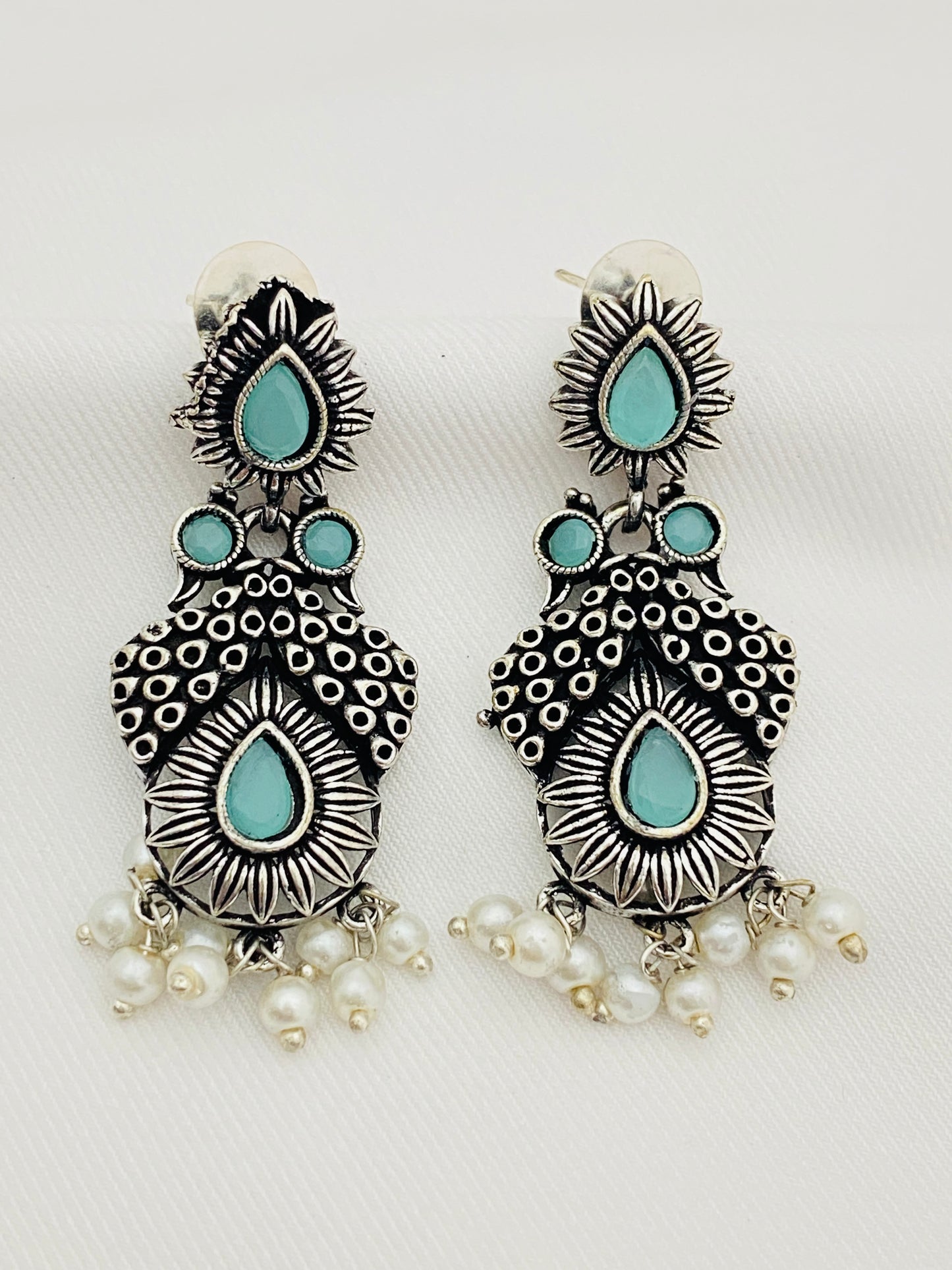 Stunning Stone Beaded Floral Designed Silver Toned Oxidized Earrings With Pearl Drops
