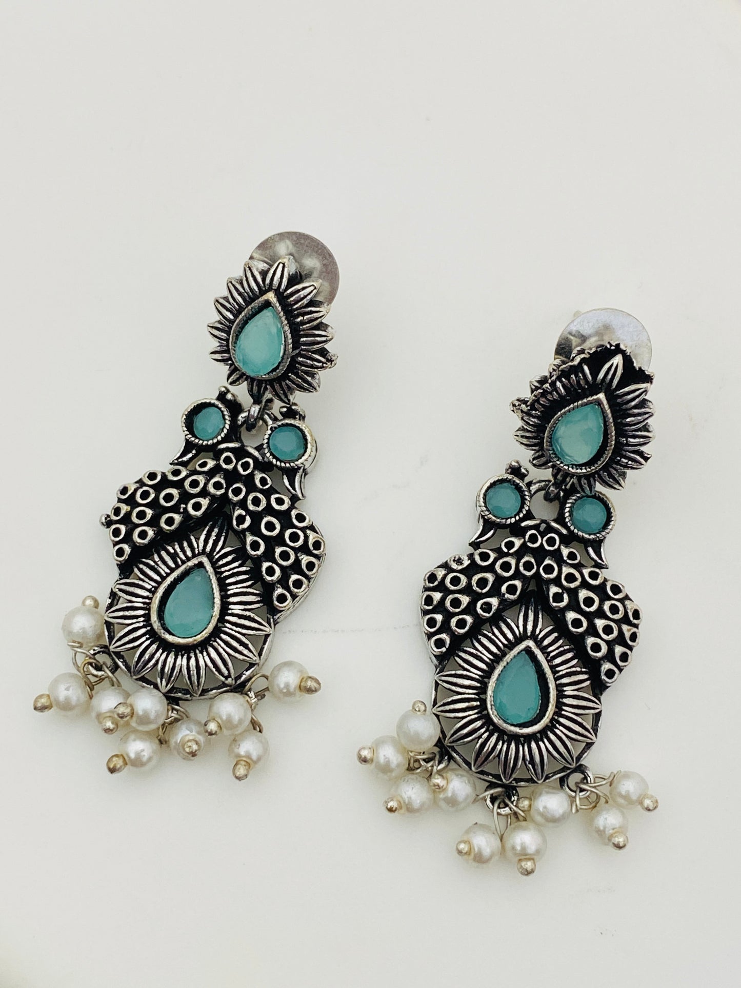 Stone Beaded Floral Designed Silver Toned Oxidized Earrings With Pearl Drops in USA