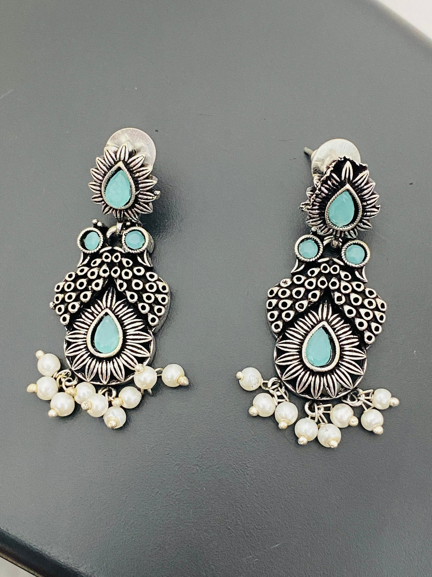 Silver Toned Oxidized Earrings With Pearl Drops in Scottsdale
