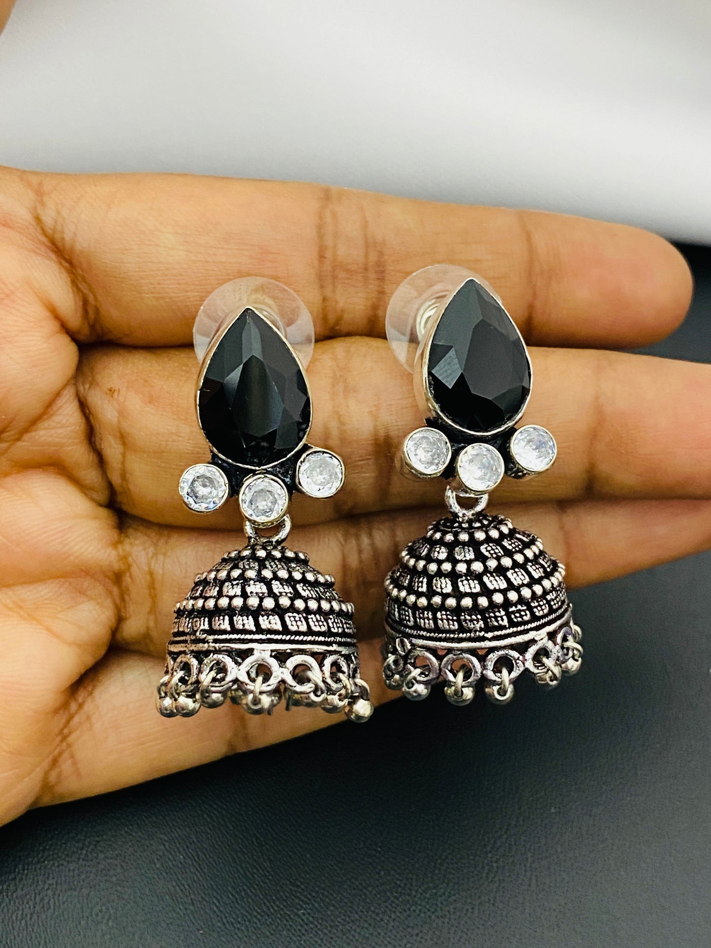 Black AD Stone Beaded German Silver Plated Jhumka Earrings Near Me