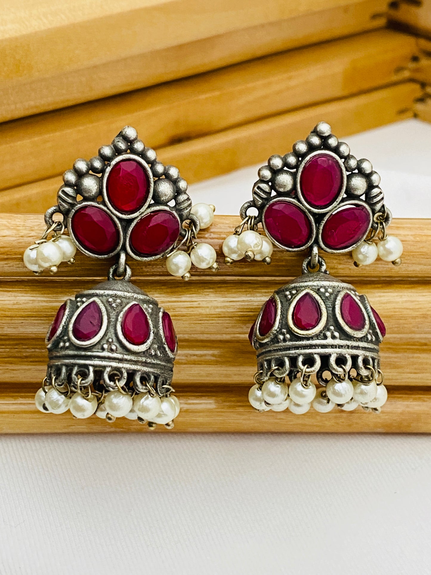 Pink Color Stoned Silver Oxidized Jhumkas For Women Near Me