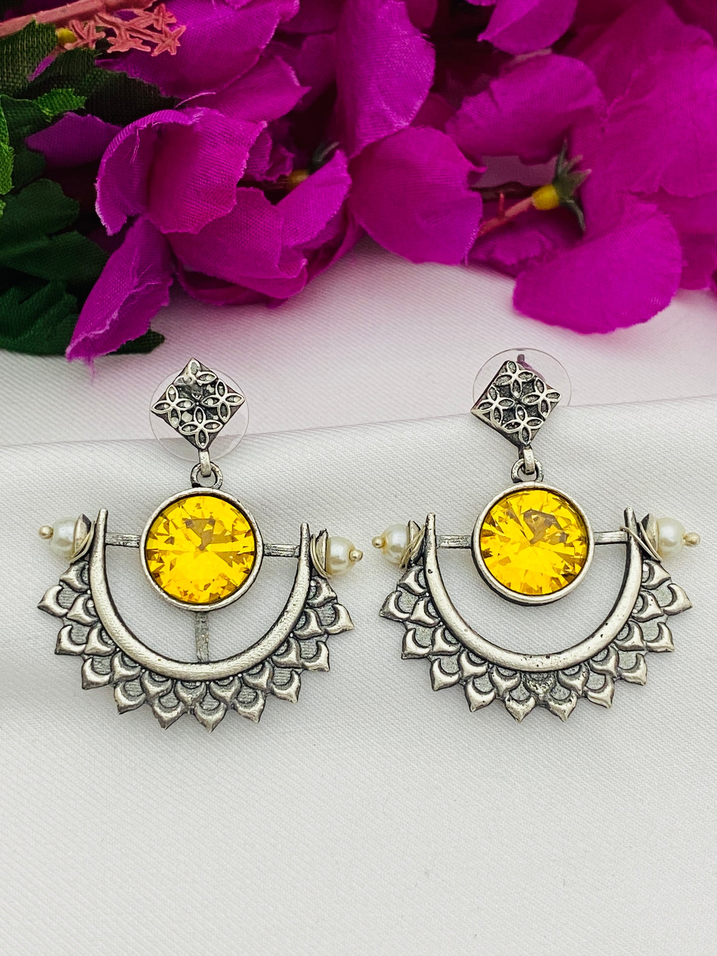 Gorgeous Yellow Color Designer Silver Oxidized Earrings For Women In Chandler