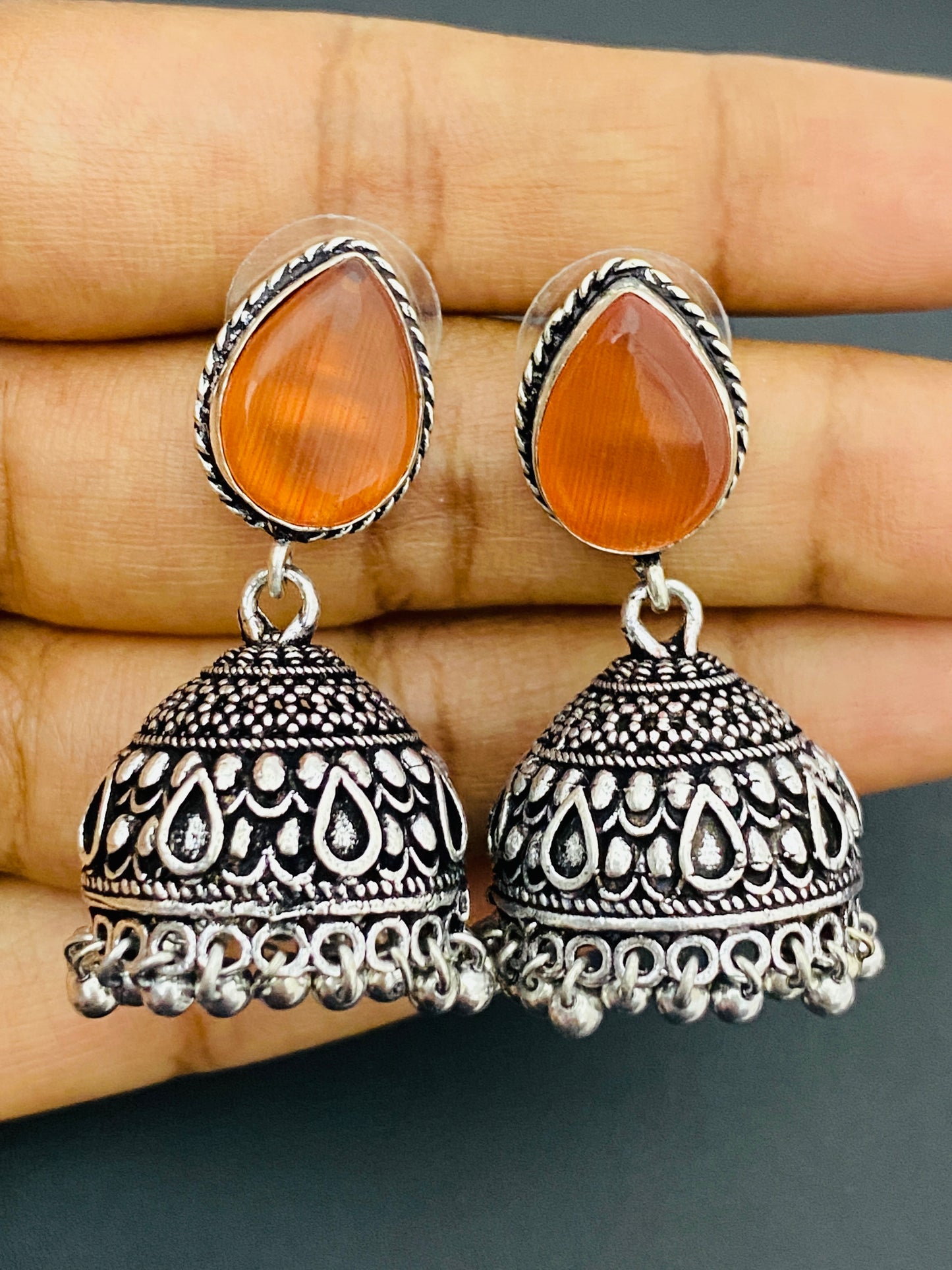 Orange Stone Beaded Silver Toned Designer Oxidized Jhumka Earrings Near Me