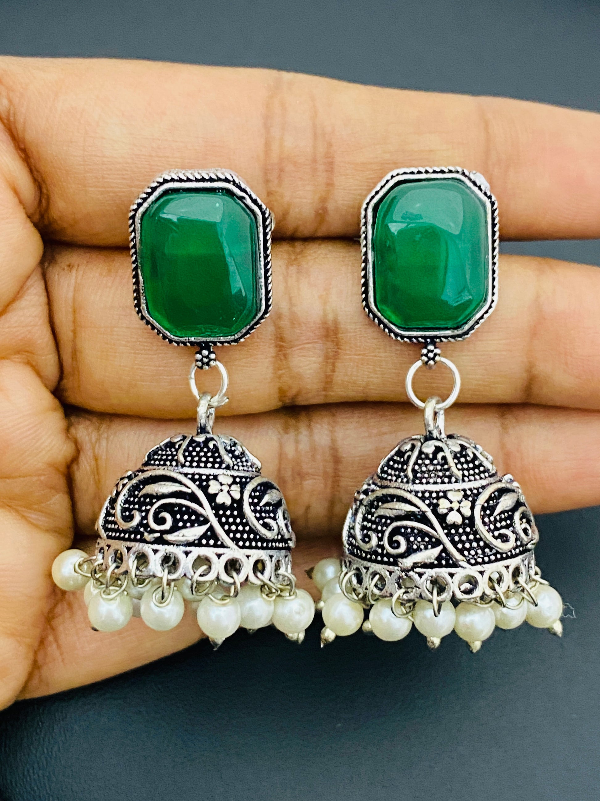 Green Color Stoned Oxidized Earrings For Women Near Me