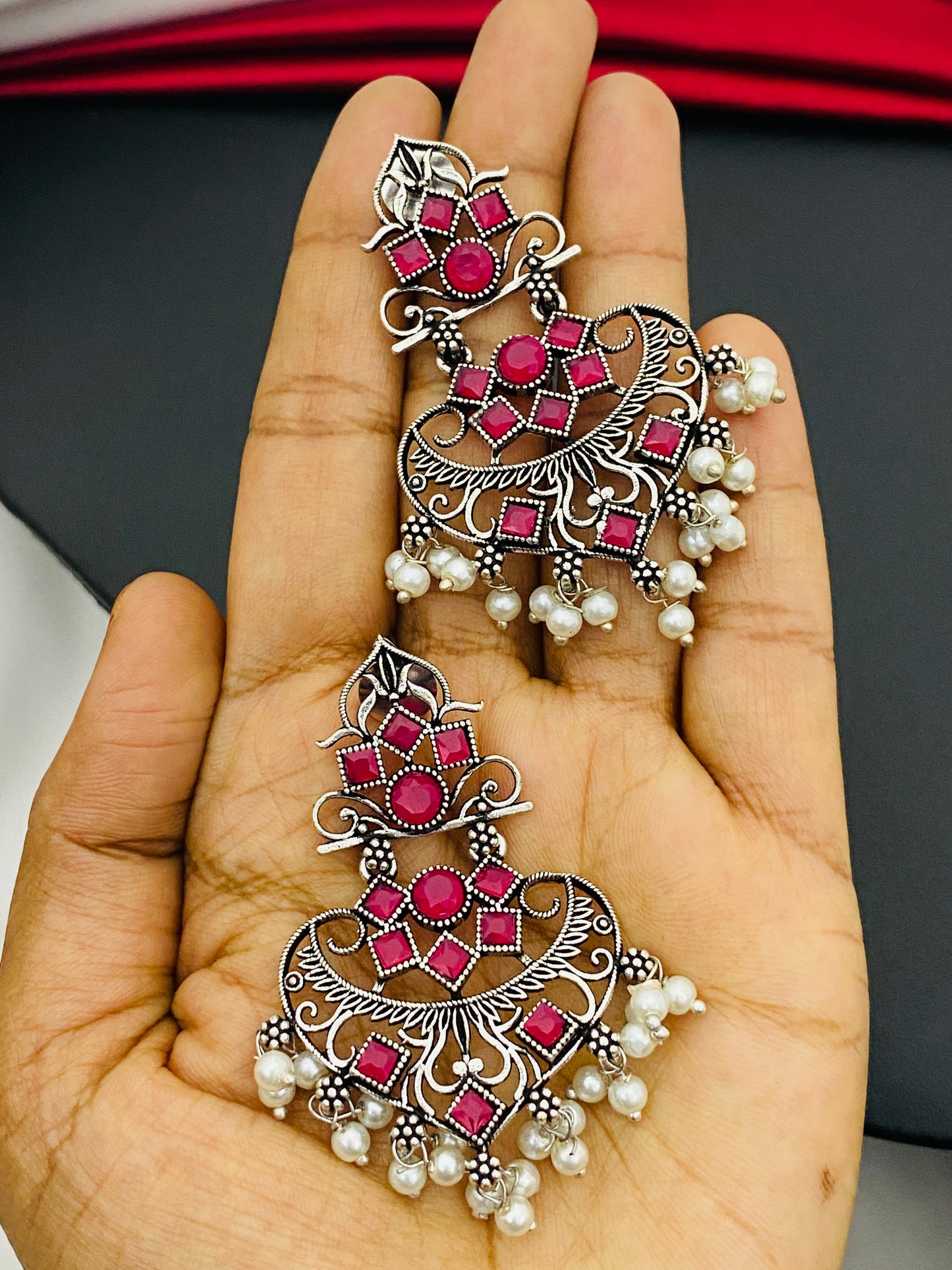 Ruby Stone Beaded German Silver Plated Designer Oxidized Earrings Near Me
