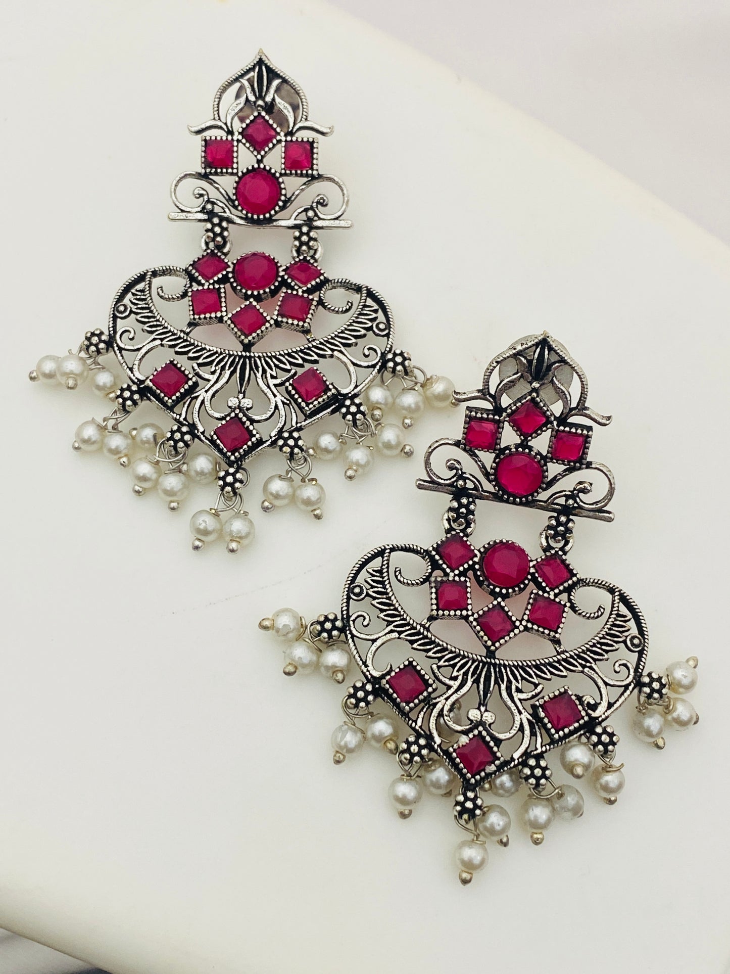 German Silver Plated Designer Oxidized Earrings With Pearl Drops in Casa Grande